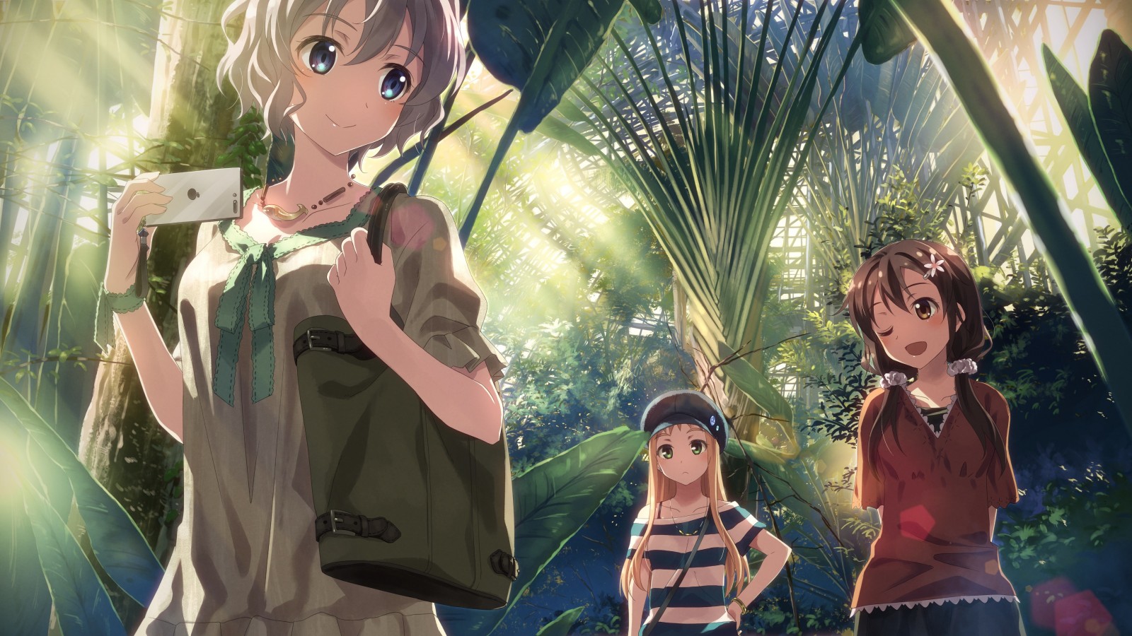 Anime girls in a greenhouse with sunlight HD Wallpaper