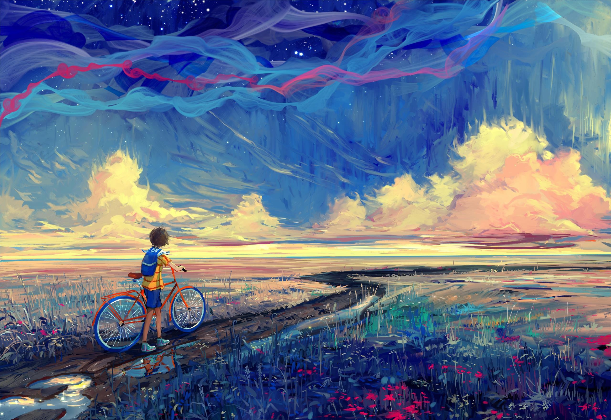 Boy with bicycle on a path under a colorful sky HD Wallpaper
