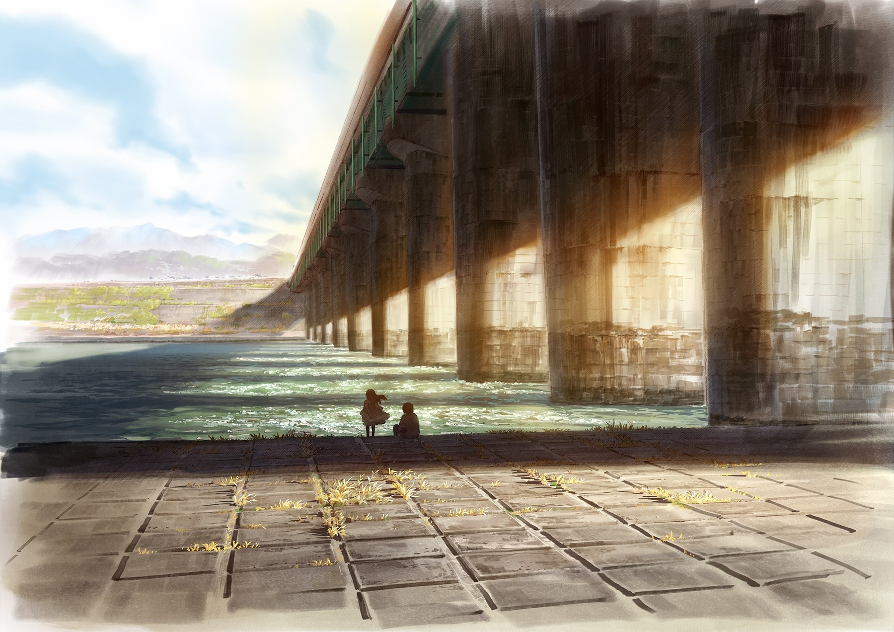 Two people sit by a river under a large bridge HD Wallpaper