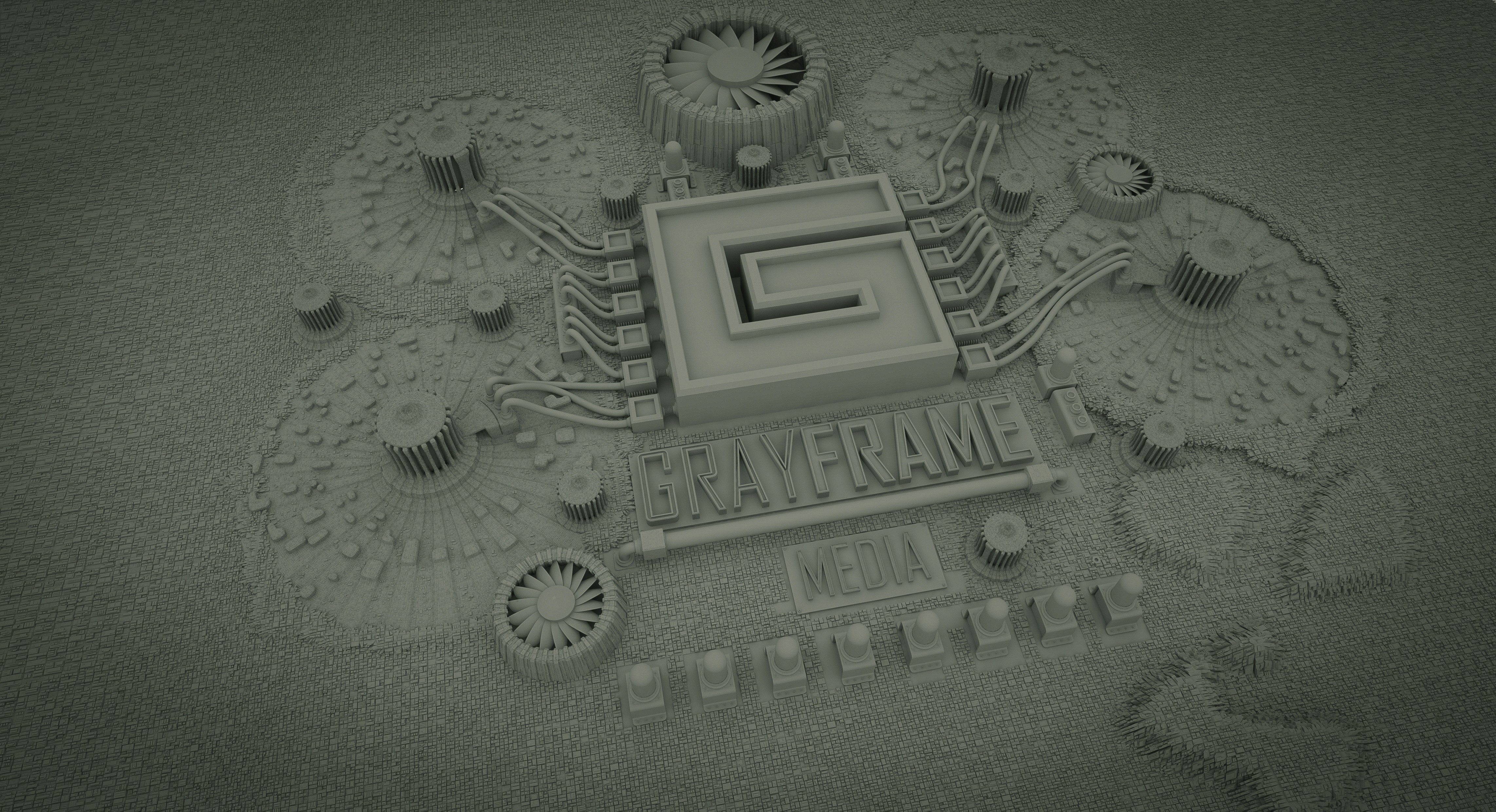 Grayframe Media logo with G symbol and circuit board elements HD Wallpaper
