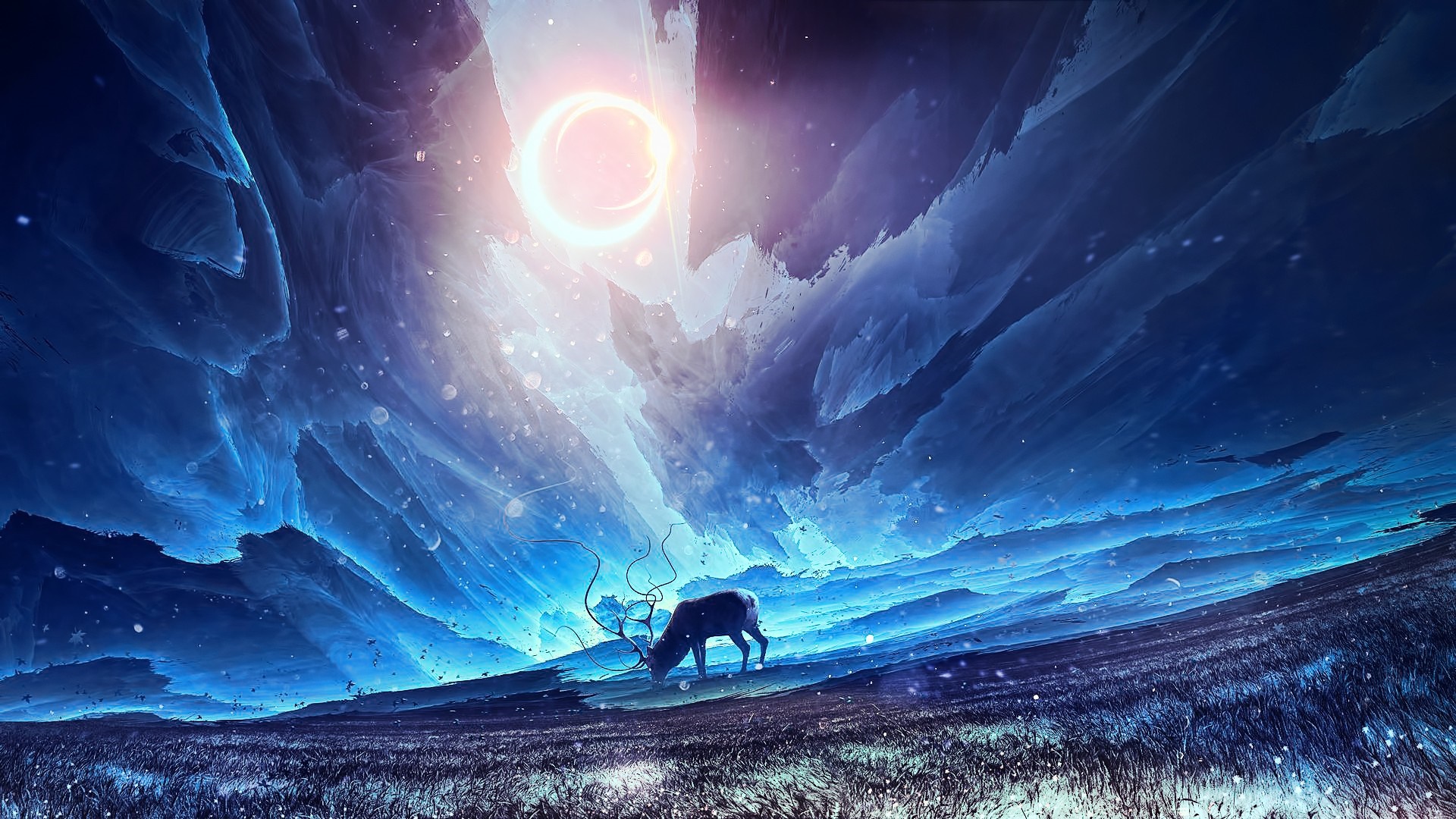 Fantasy landscape with deer under celestial phenomenon HD Wallpaper