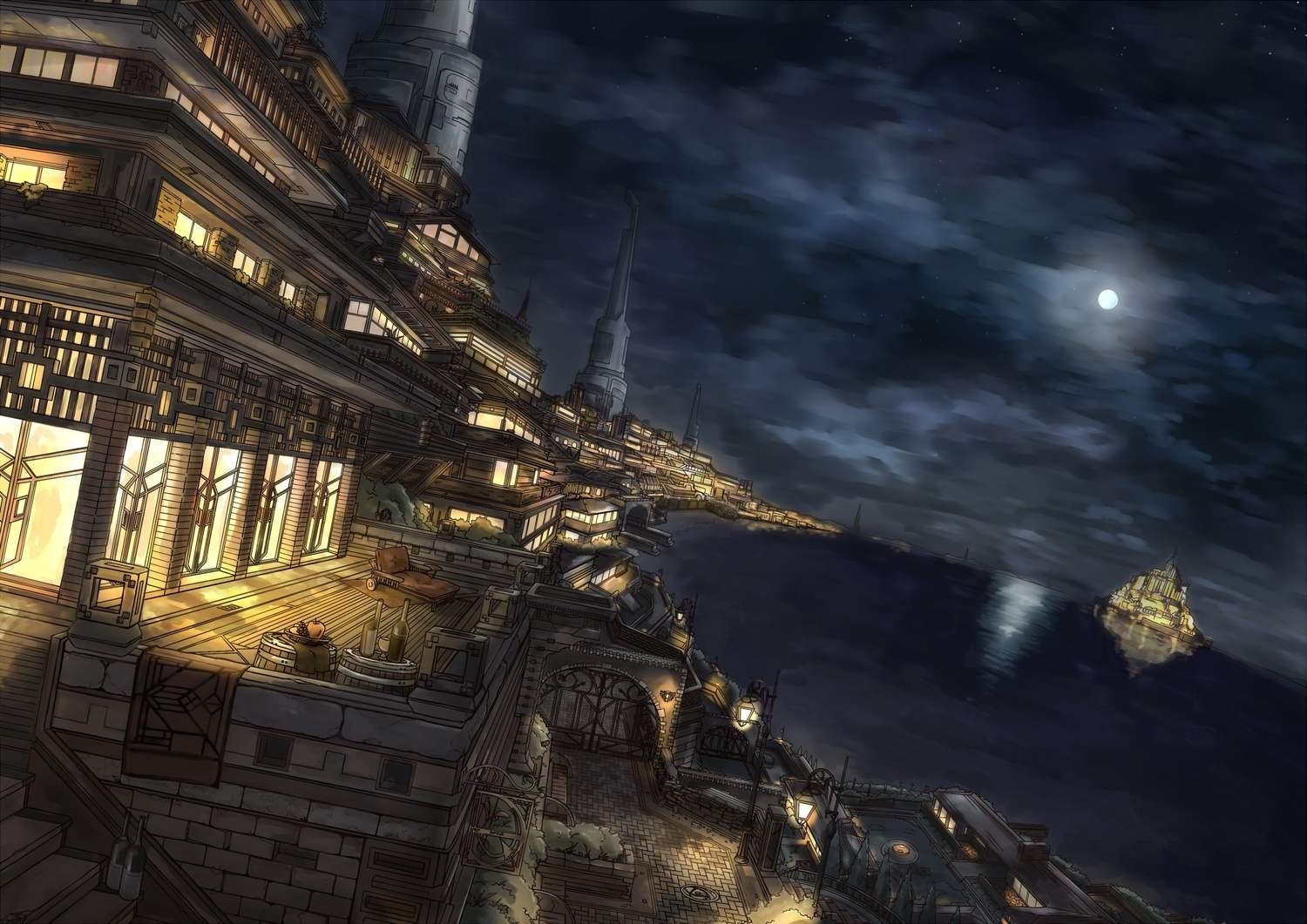 Fantasy city by the sea at night HD Wallpaper