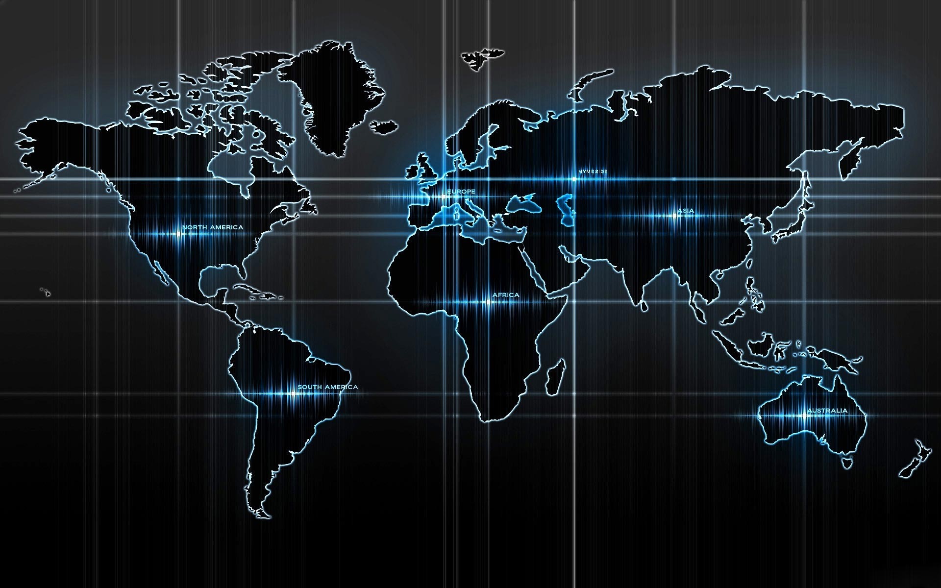 World map with glowing lines and continent labels HD Wallpaper