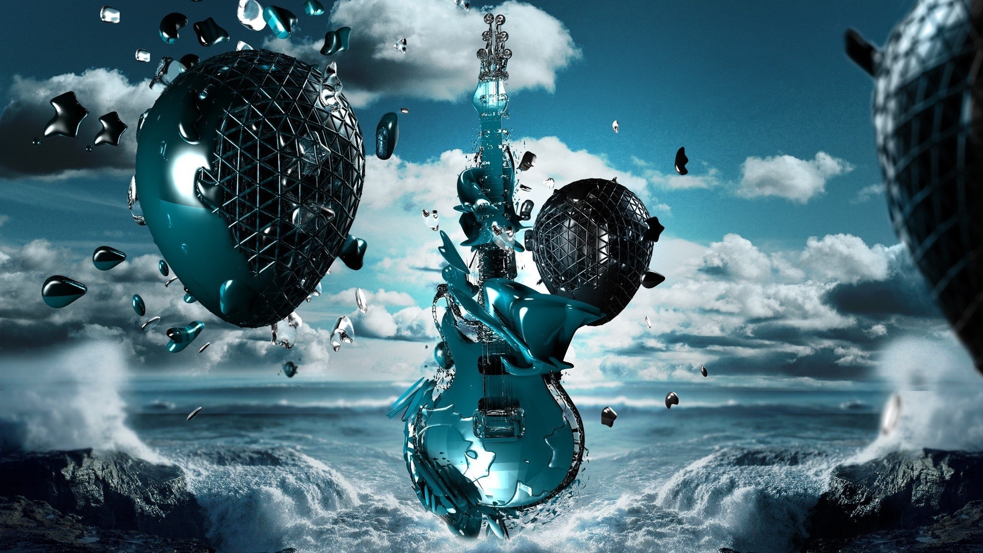 Surreal guitar exploding over stormy ocean HD Wallpaper