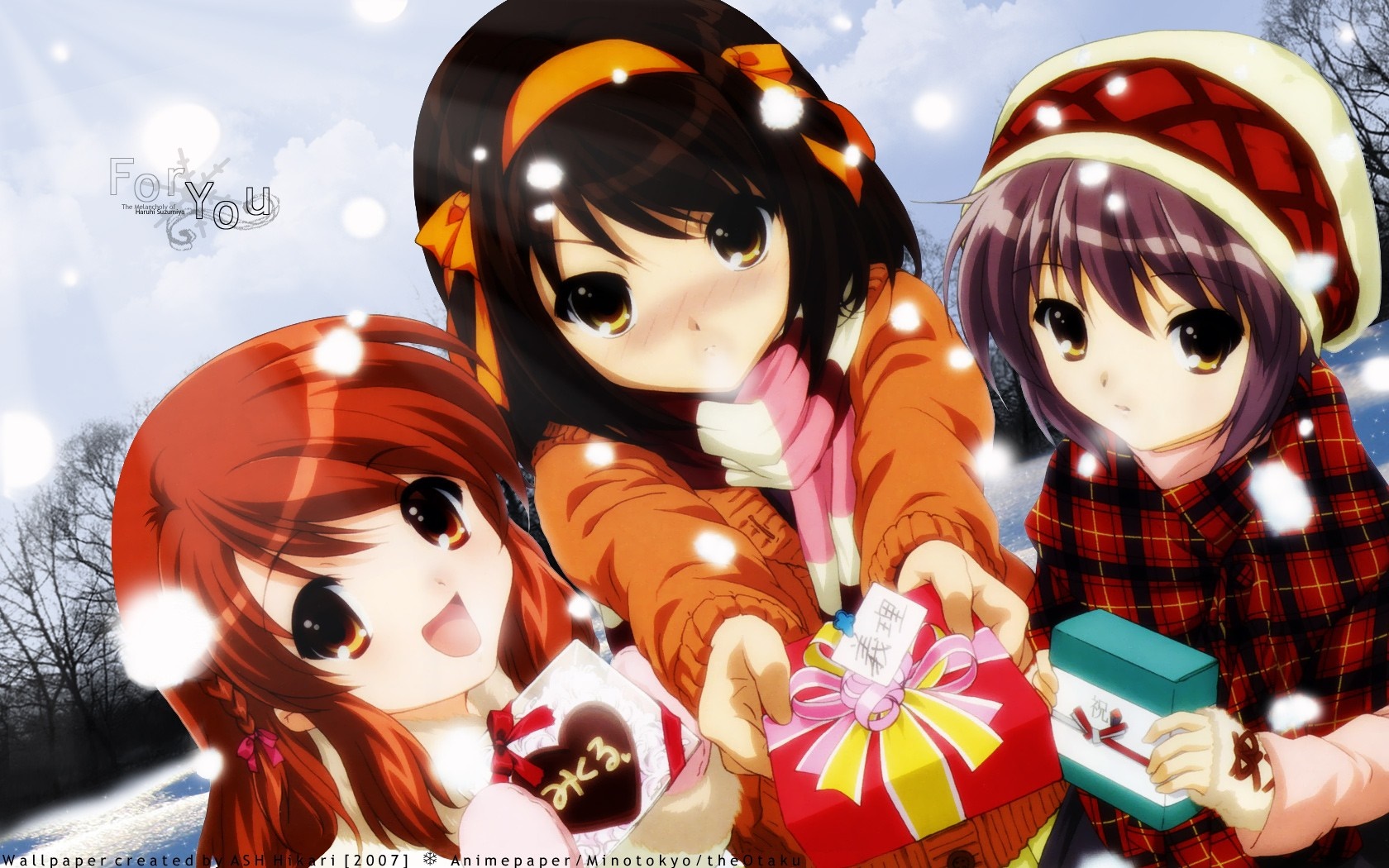 Anime girls with gifts in the snow HD Wallpaper
