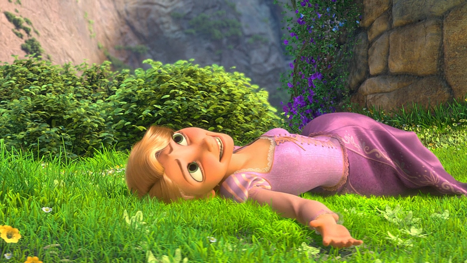 Rapunzel from Tangled lying in a grassy field HD Wallpaper
