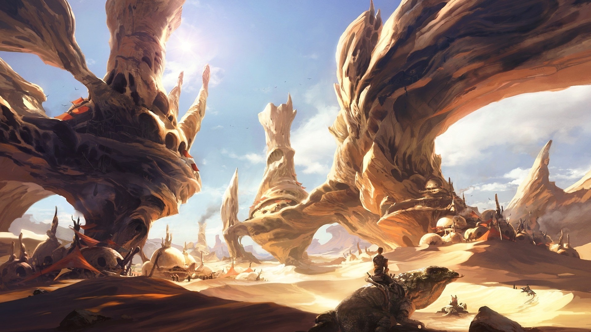 Alien desert landscape with rock formations and settlements HD Wallpaper