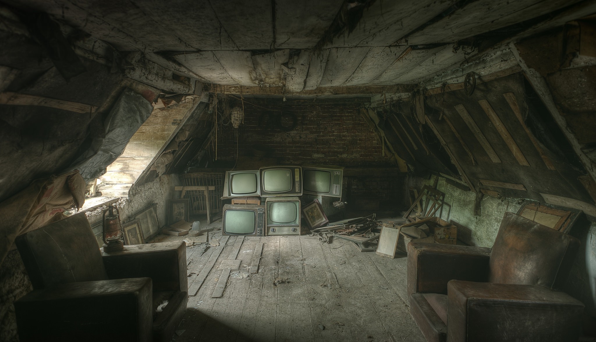 Old TVs in a dusty, abandoned attic HD Wallpaper