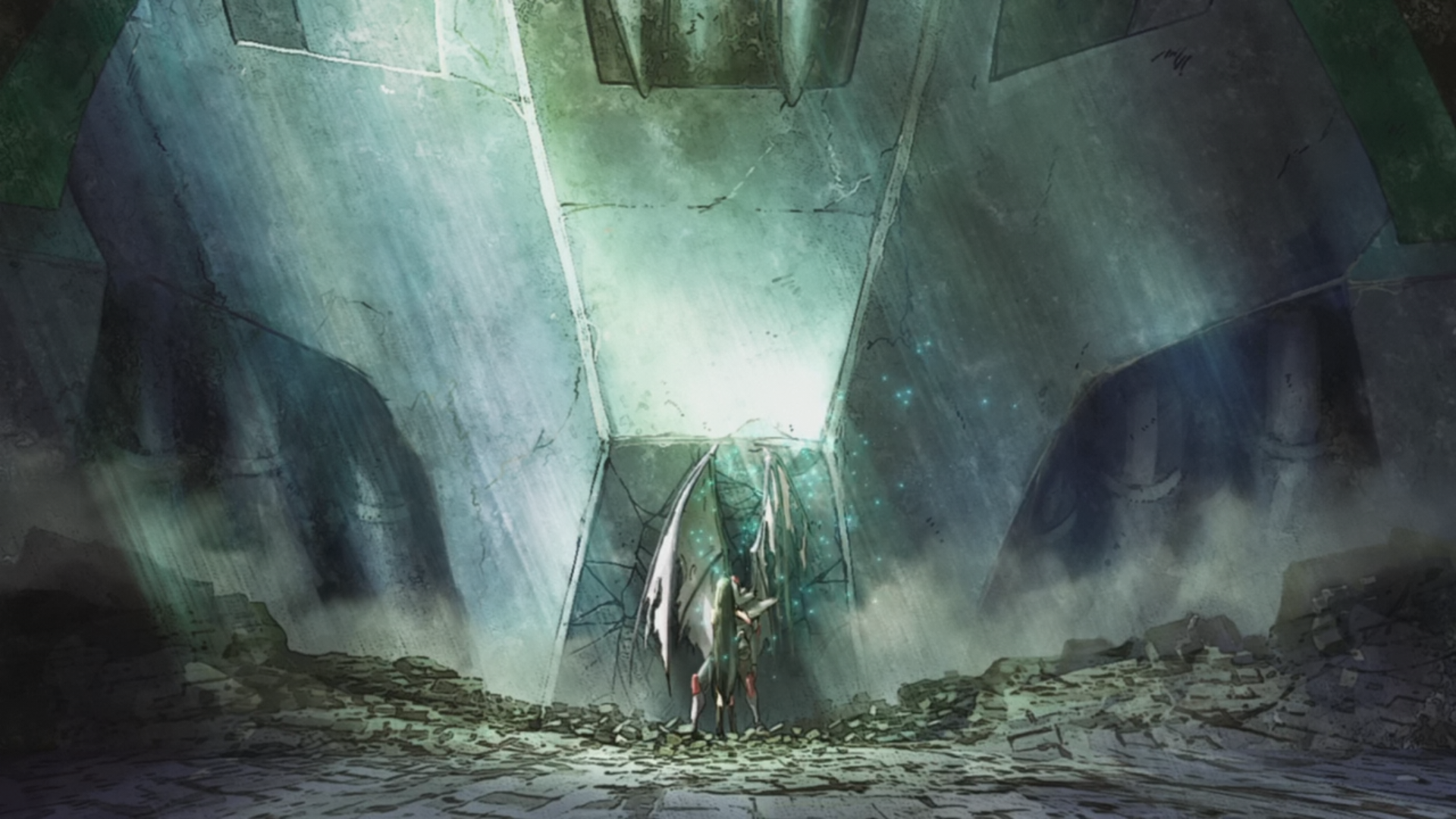 Winged creature in a ruined chamber HD Wallpaper