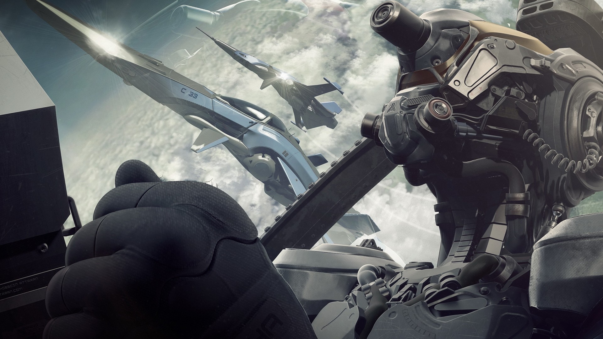 Pilot in futuristic cockpit with fighter jets in sky HD Wallpaper