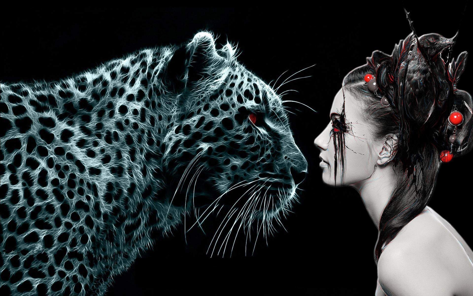 Leopard and woman with gothic makeup and headdress HD Wallpaper