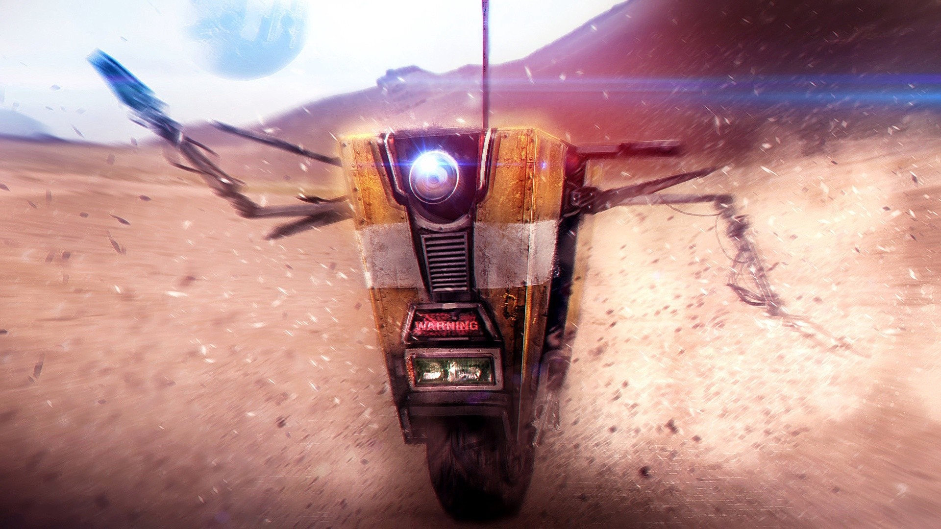 Claptrap from Borderlands 2 driving on a desert planet HD Wallpaper