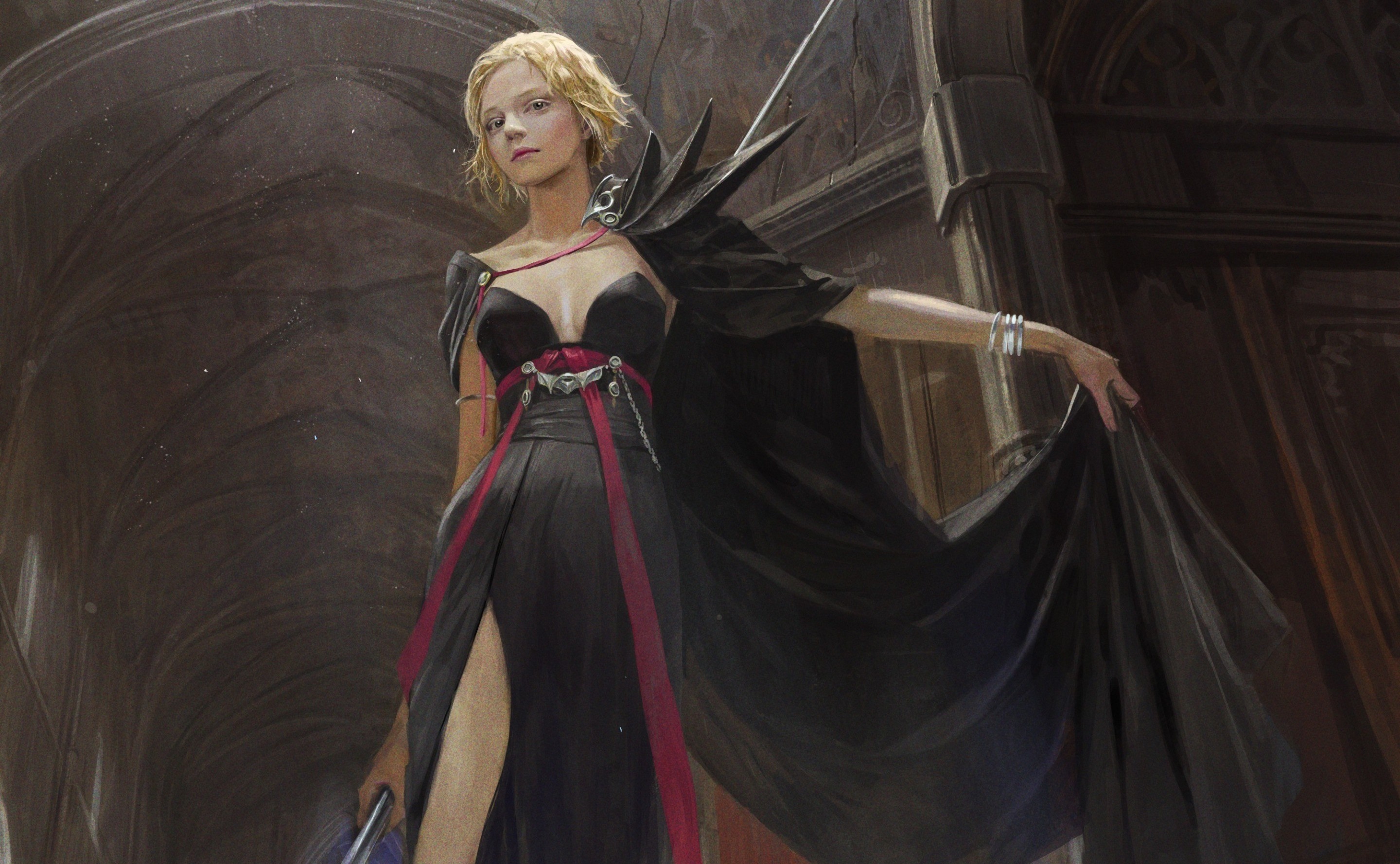 Fantasy woman warrior in black dress with cape HD Wallpaper