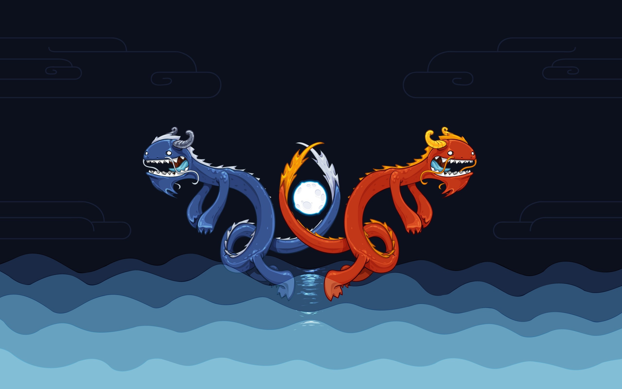 Two cartoon dragons and a moon over the sea HD Wallpaper