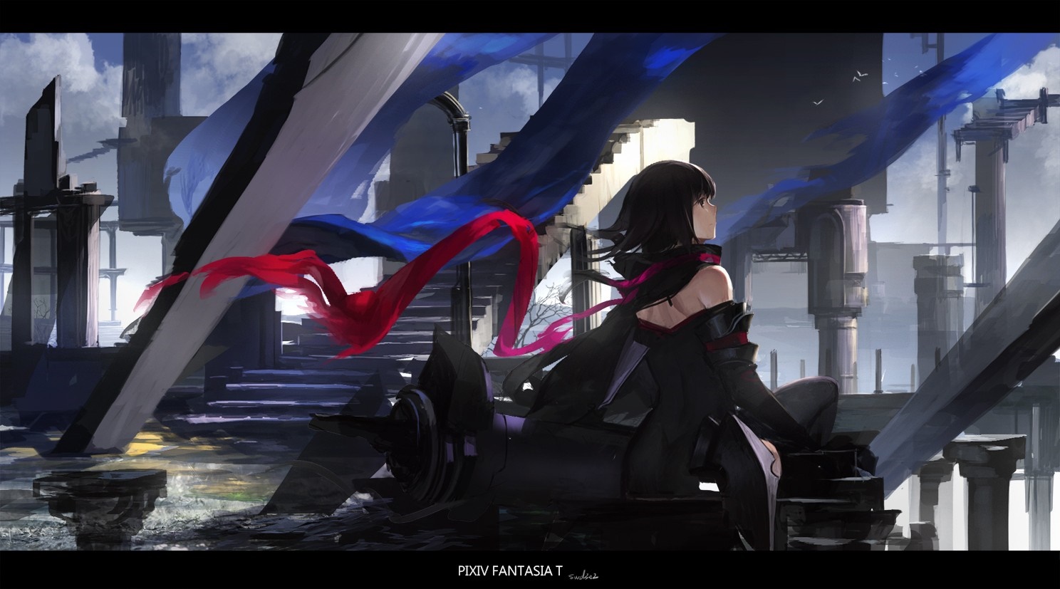 Girl with black hair in a ruined city with flowing scarves HD Wallpaper