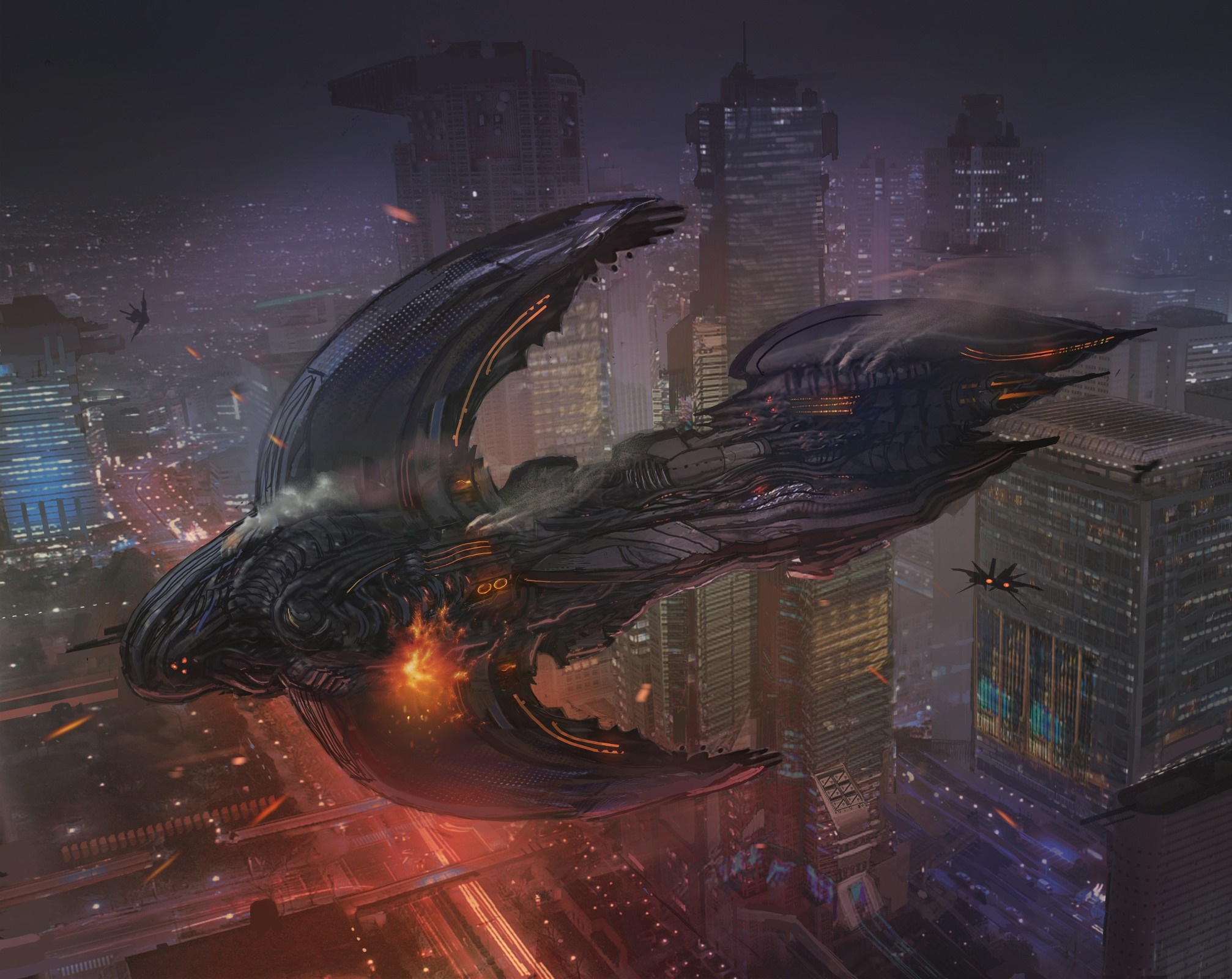 Alien spaceship hovering over a futuristic city at night HD Wallpaper