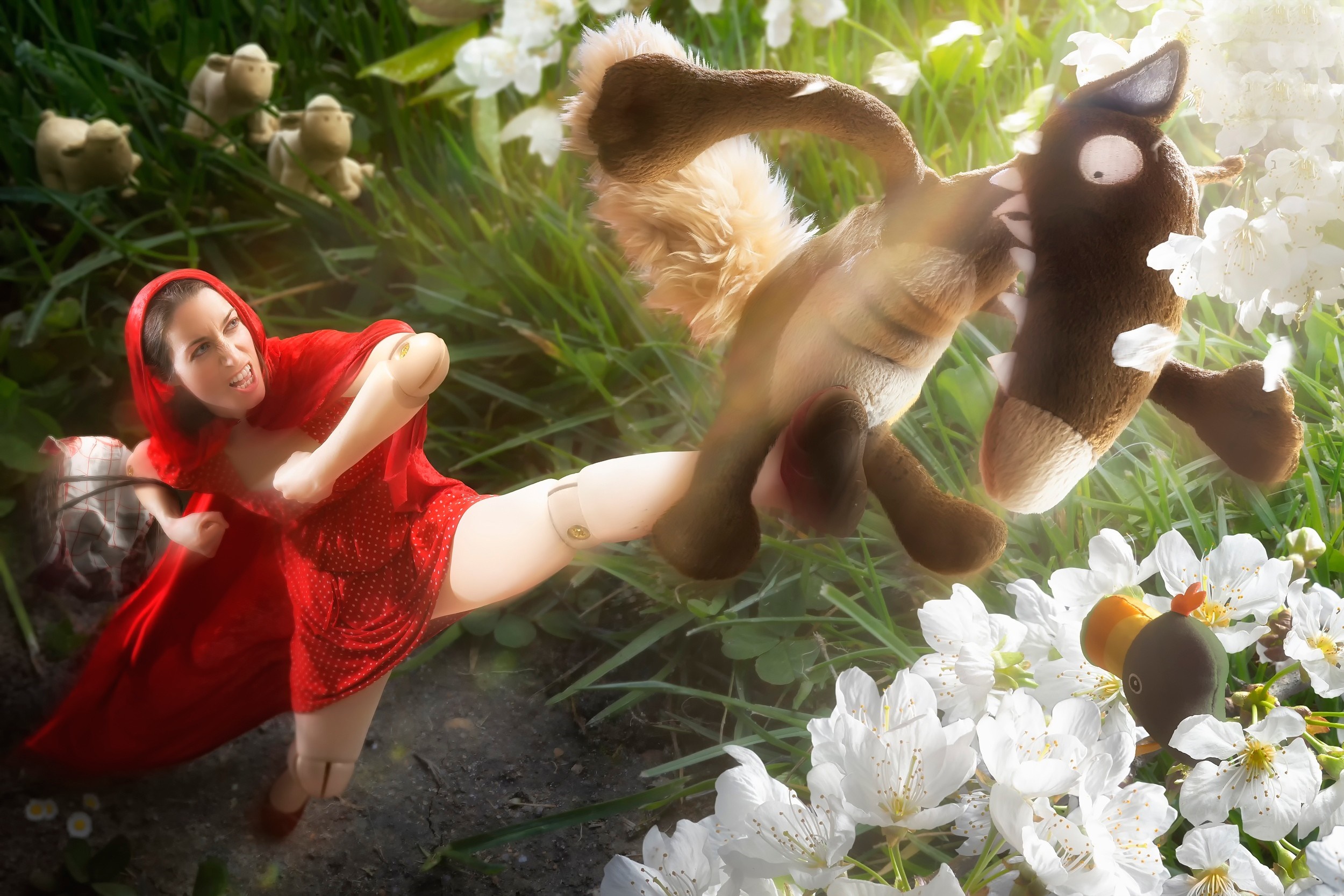 Little Red Riding Hood fighting a stuffed wolf HD Wallpaper