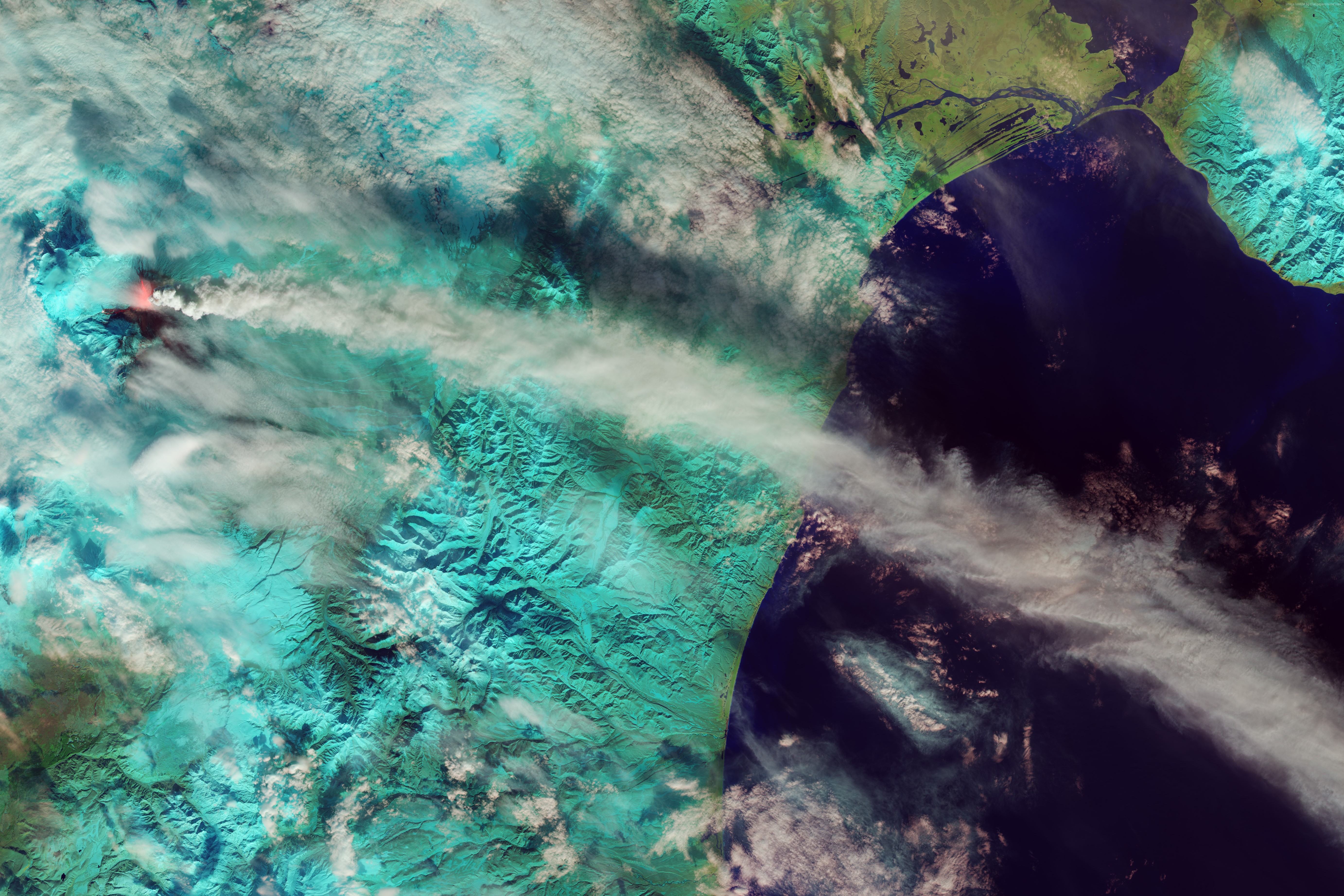 Kluchevskoy Volcano Eruption with Ash Cloud Over Sea HD Wallpaper