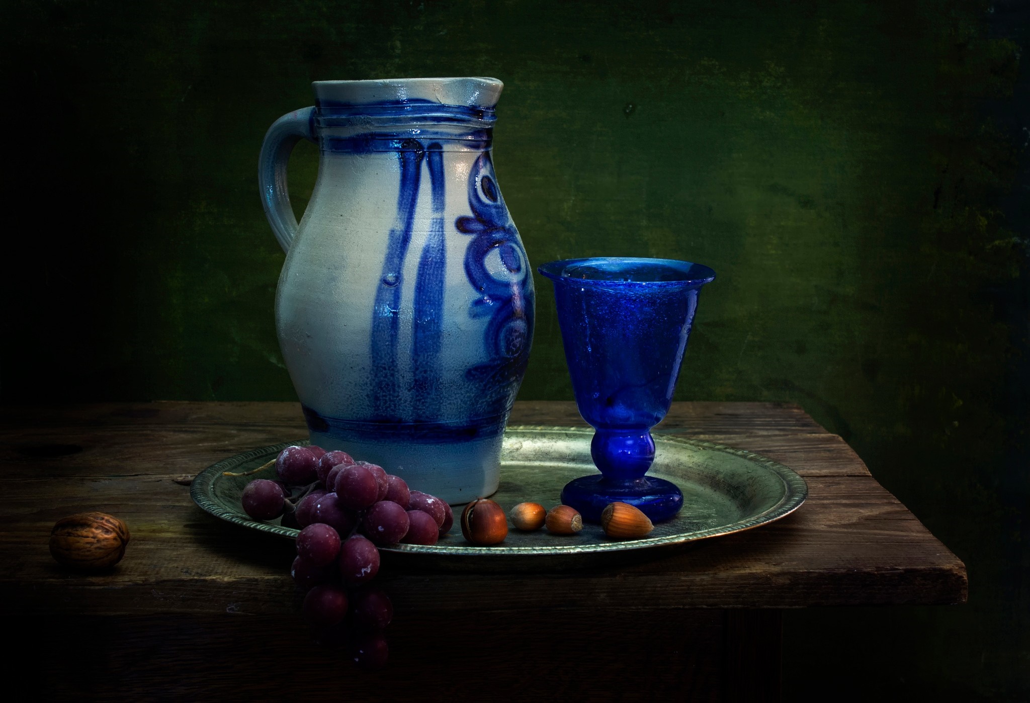 Still life with pitcher, glass, grapes, and nuts HD Wallpaper