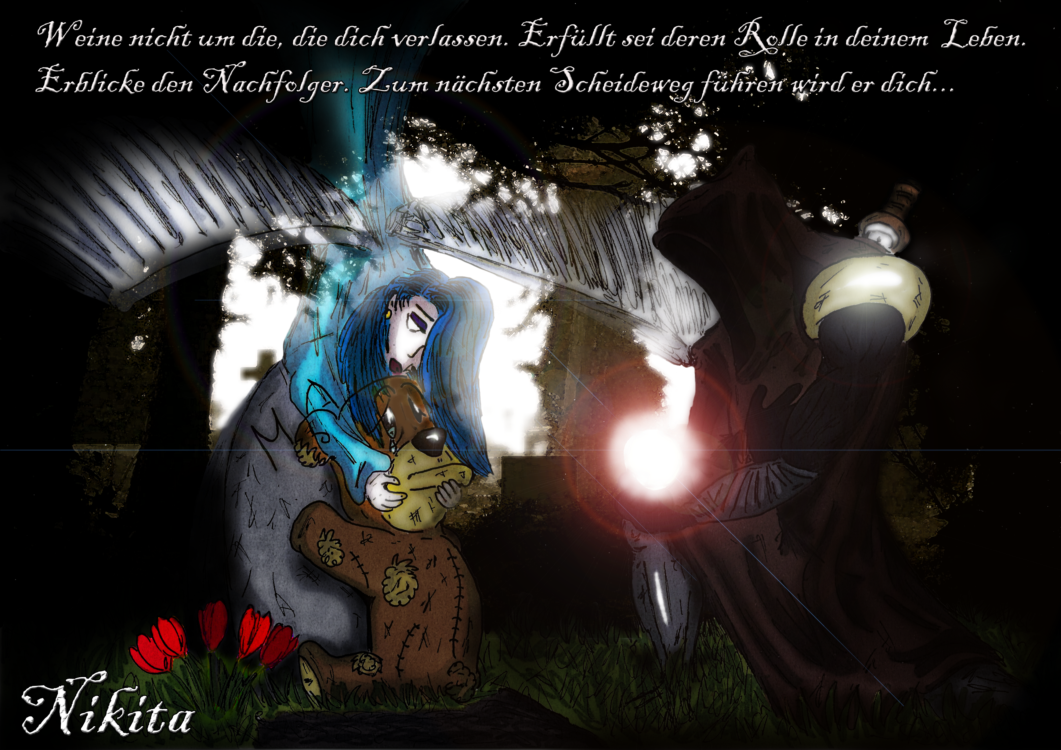 Fantasy art of a girl with a teddy bear and a grim reaper figure HD Wallpaper