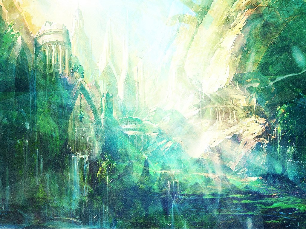 Fantasy landscape with ancient ruins and waterfalls HD Wallpaper