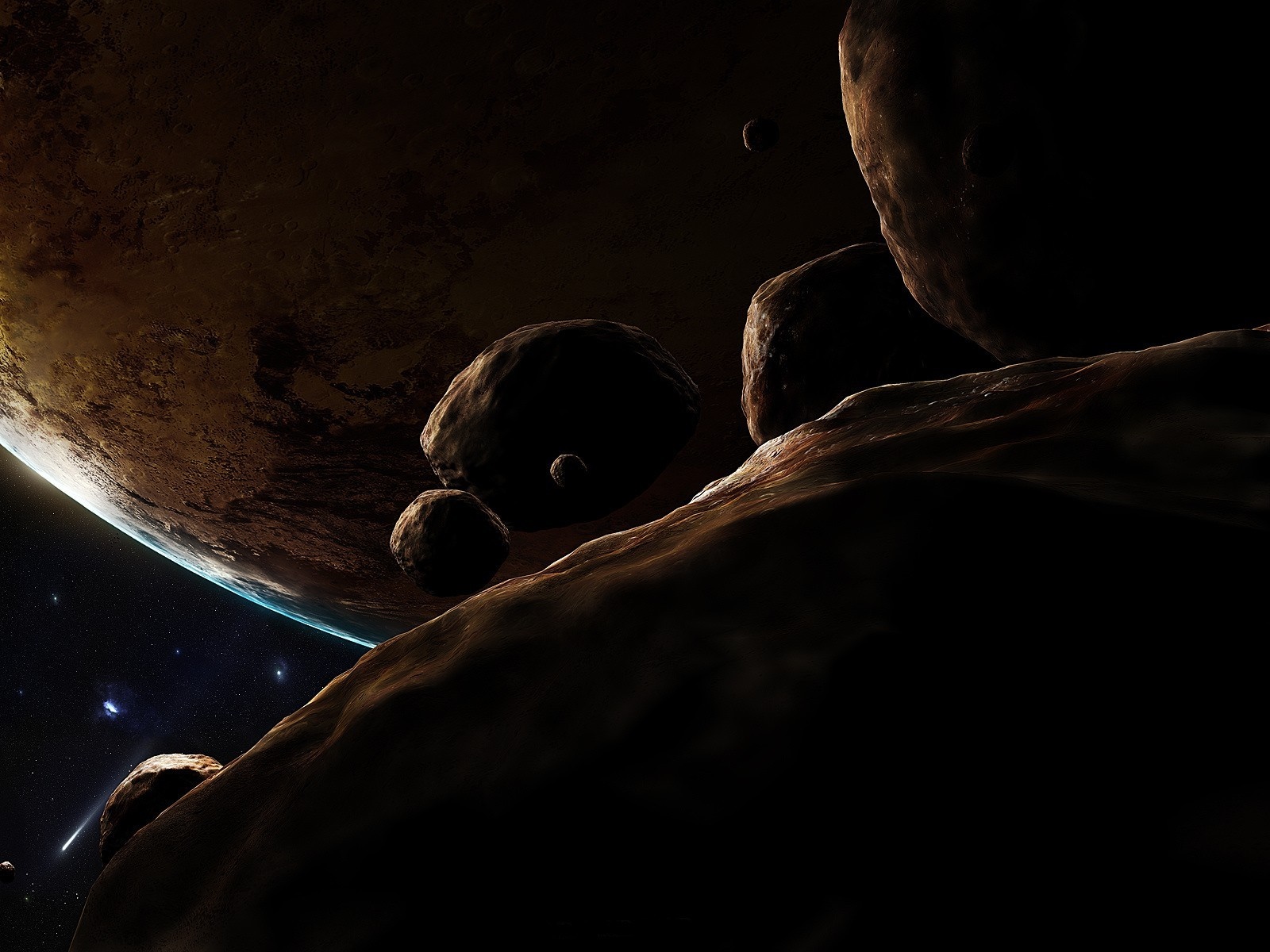 Asteroids and planet in outer space HD Wallpaper