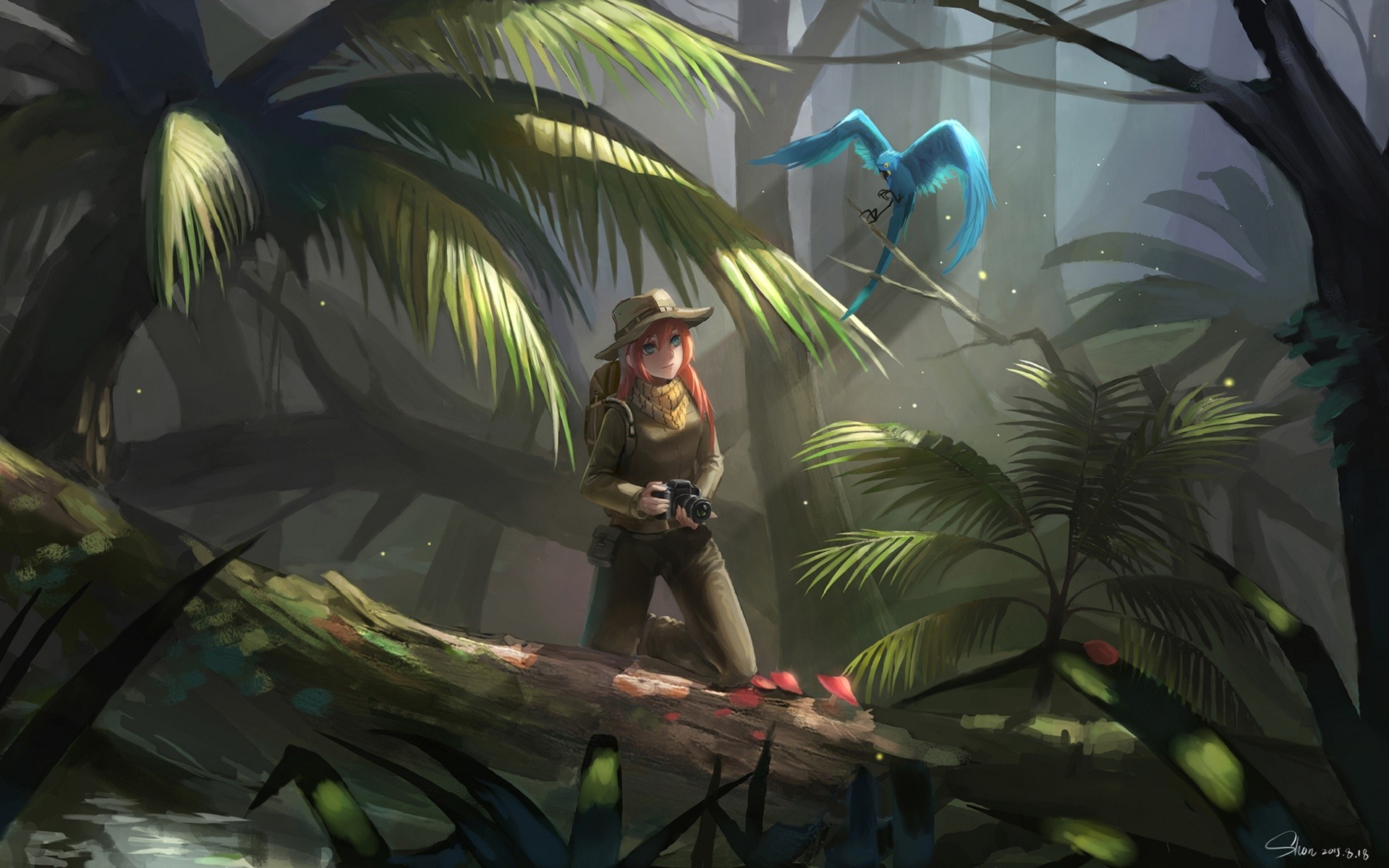 Anime girl with camera and blue bird in jungle HD Wallpaper