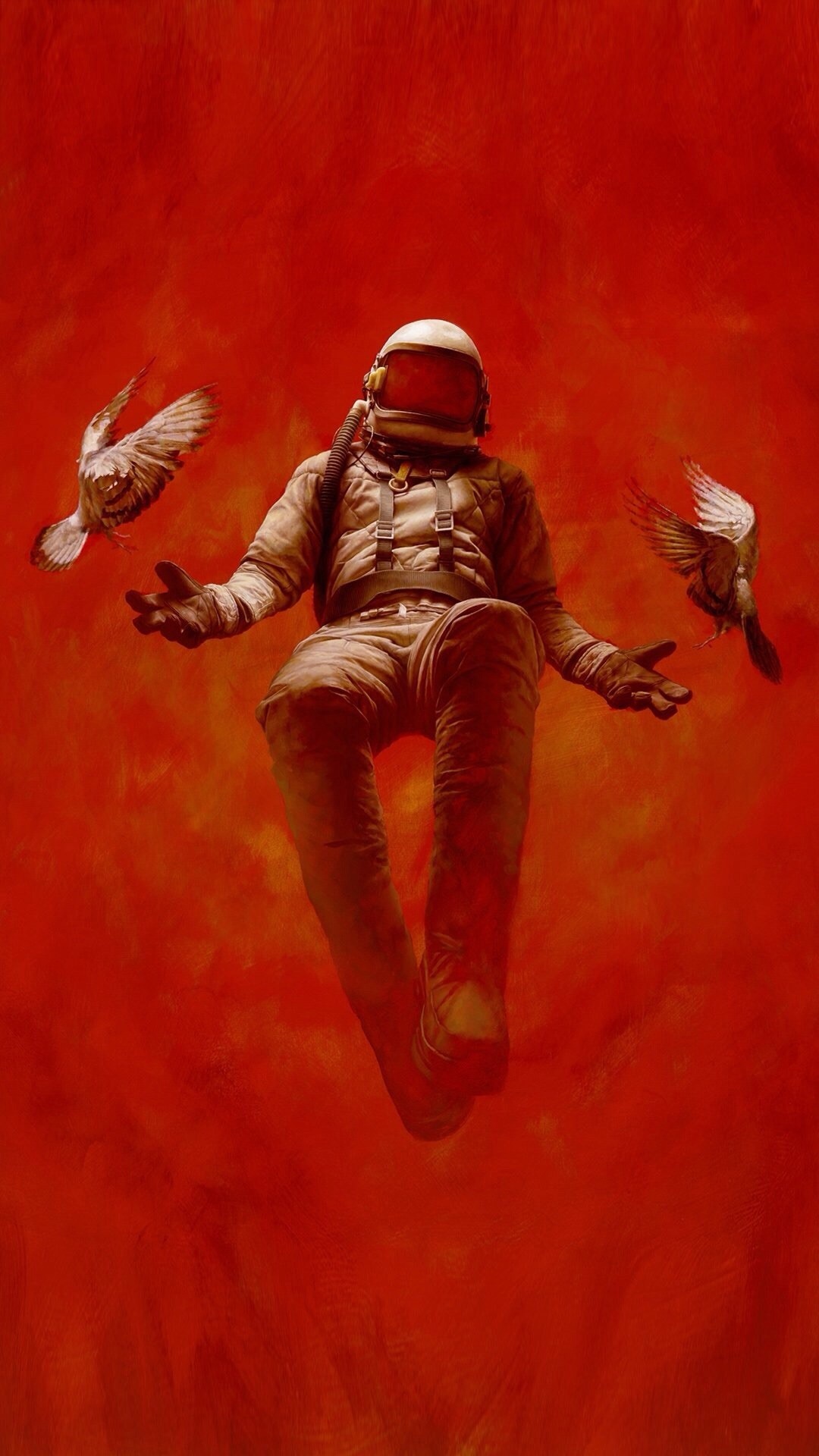 Astronaut floating with birds against red background HD Wallpaper