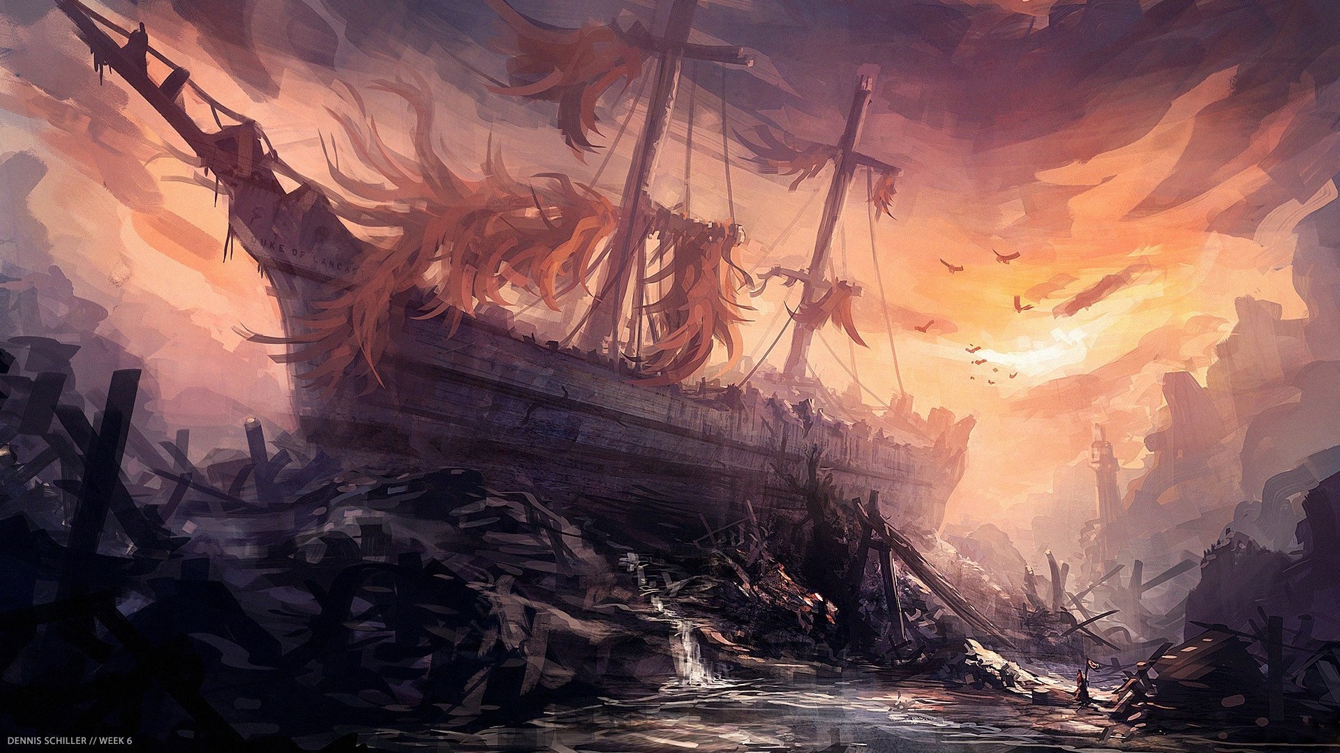 Abandoned ship in a desolate, rocky landscape at sunset HD Wallpaper