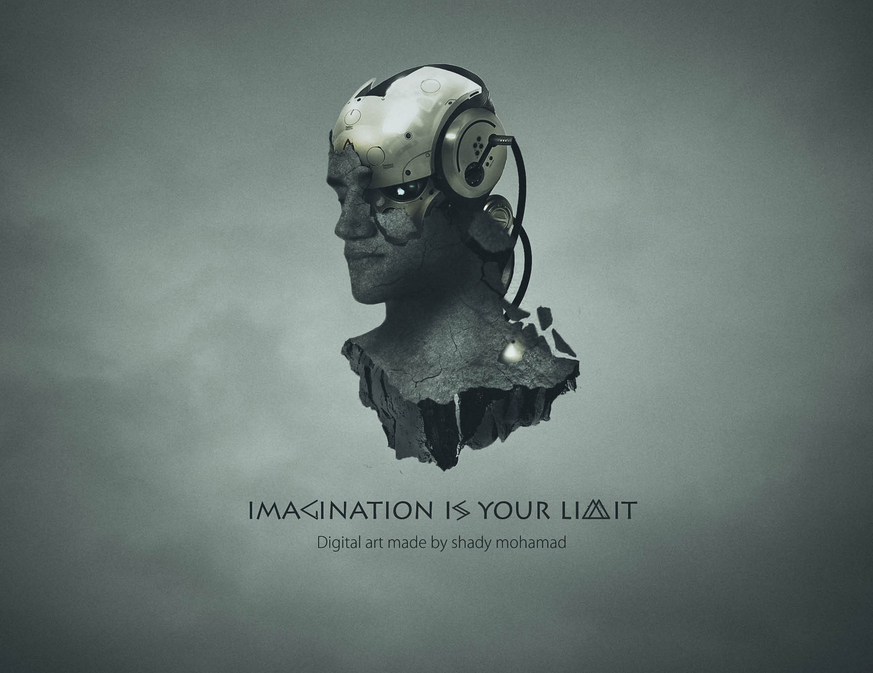 Digital art of a broken cyborg head with headphones HD Wallpaper