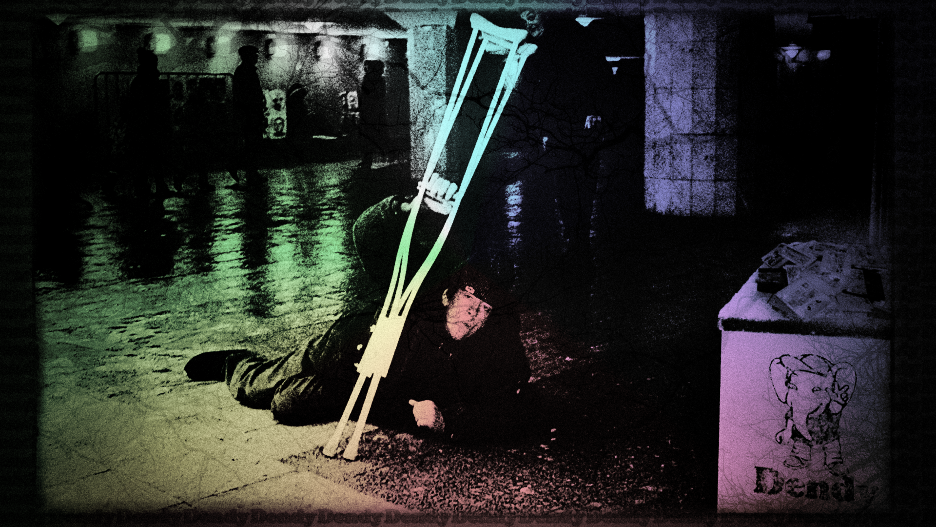 Person with crutches lying on wet ground at night HD Wallpaper