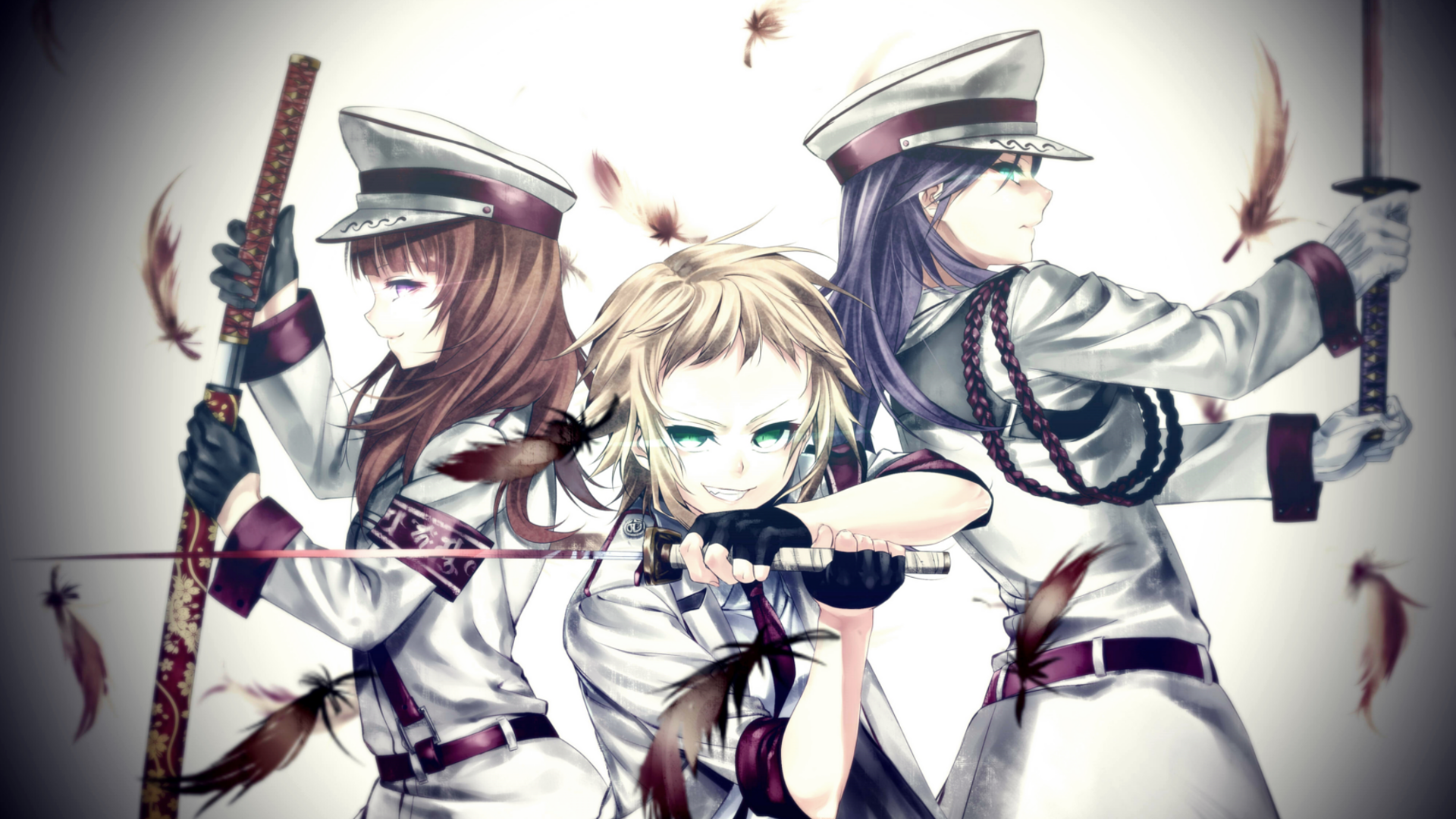 Anime girls with swords and feathers HD Wallpaper