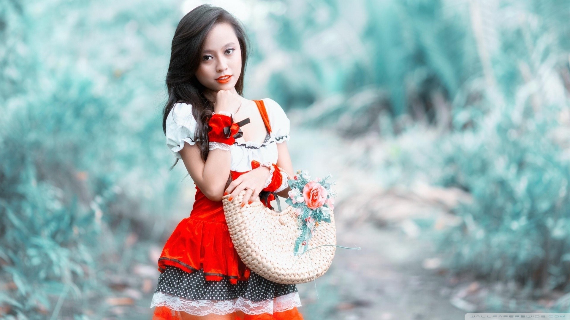Asian woman in red and white dress holding a basket HD Wallpaper