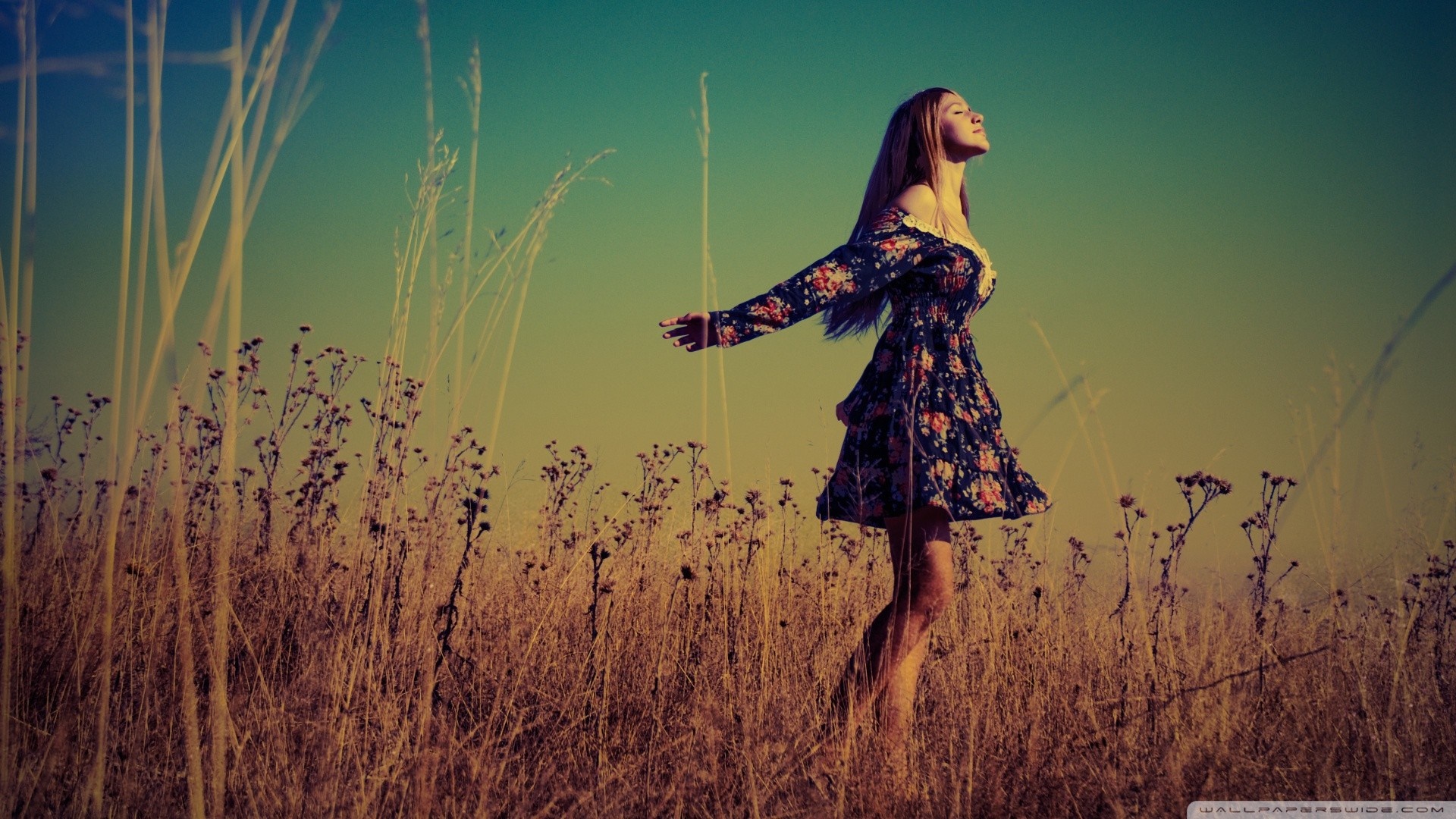 Woman in floral dress in a field at sunset HD Wallpaper