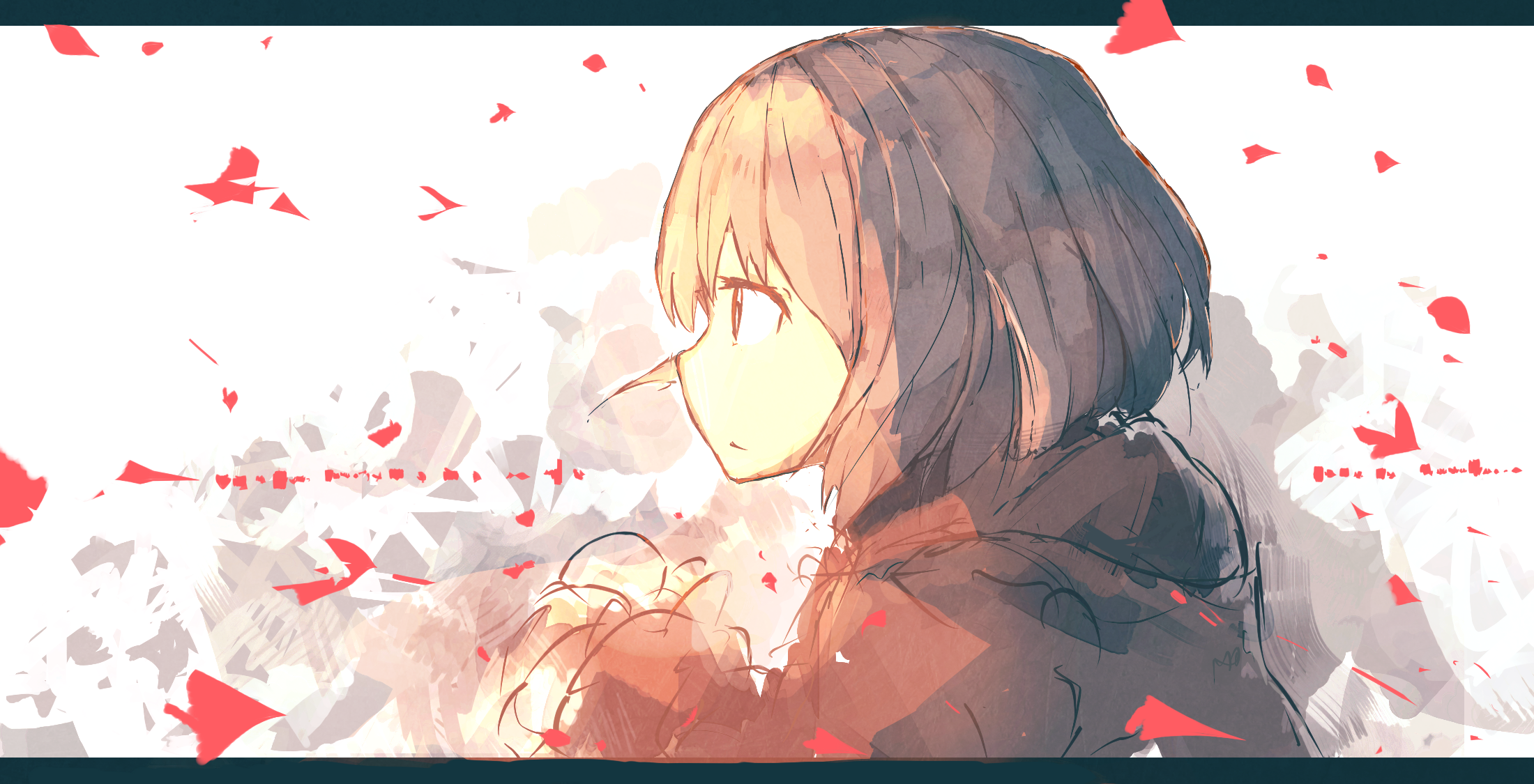 Anime girl with short brown hair and red petals HD Wallpaper