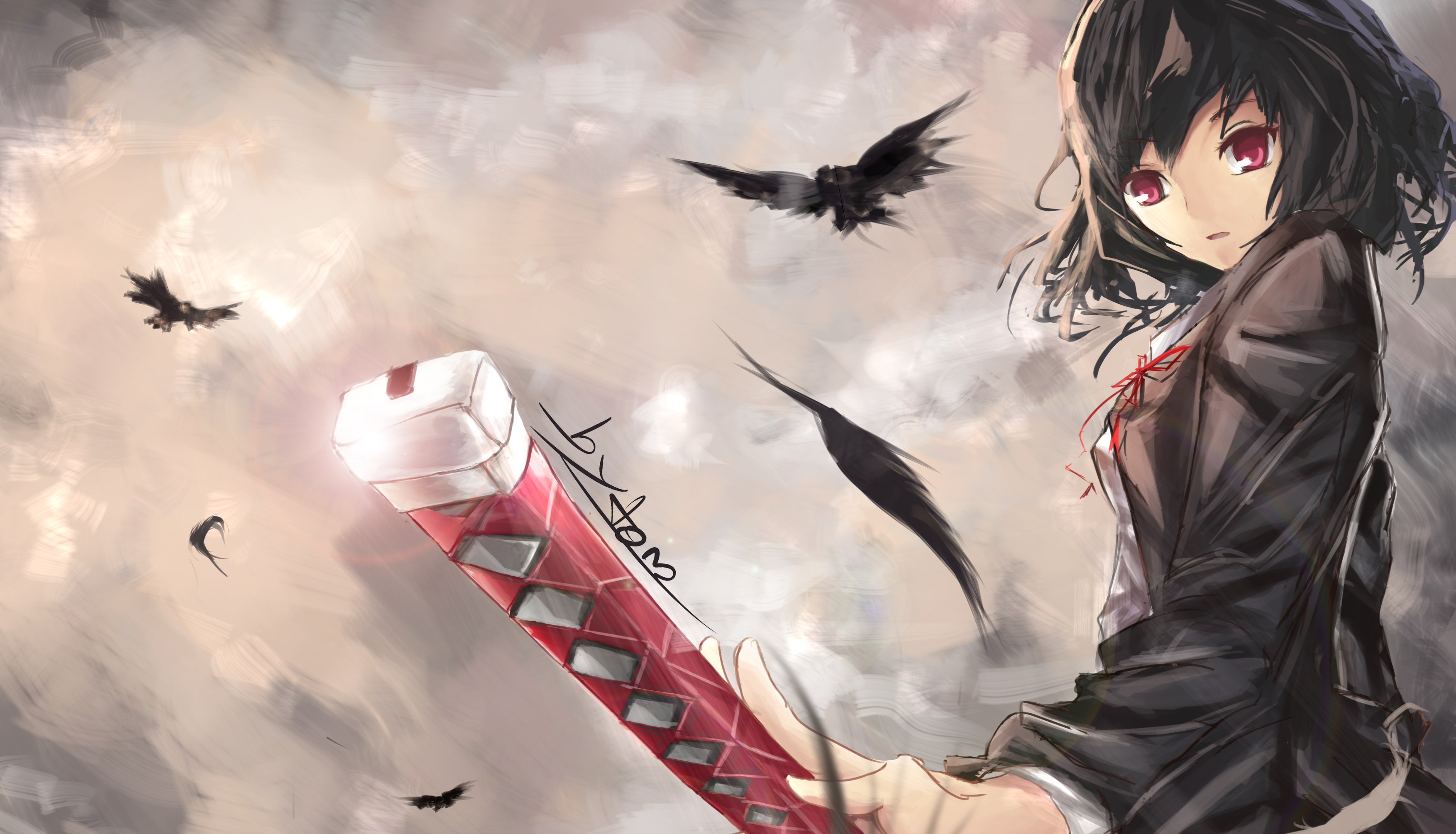 Anime girl with katana and crows HD Wallpaper