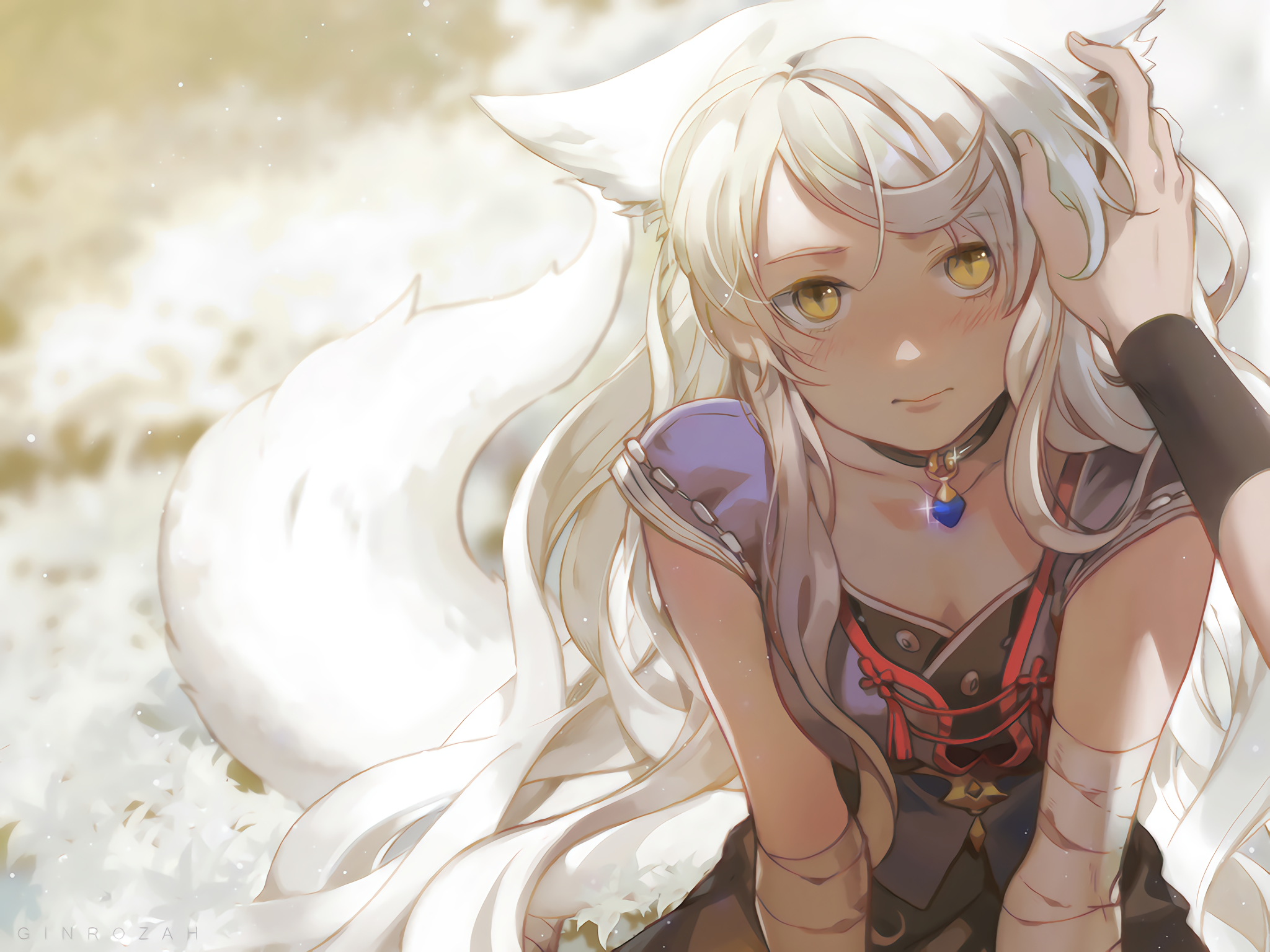 Anime girl with white hair and fox ears HD Wallpaper