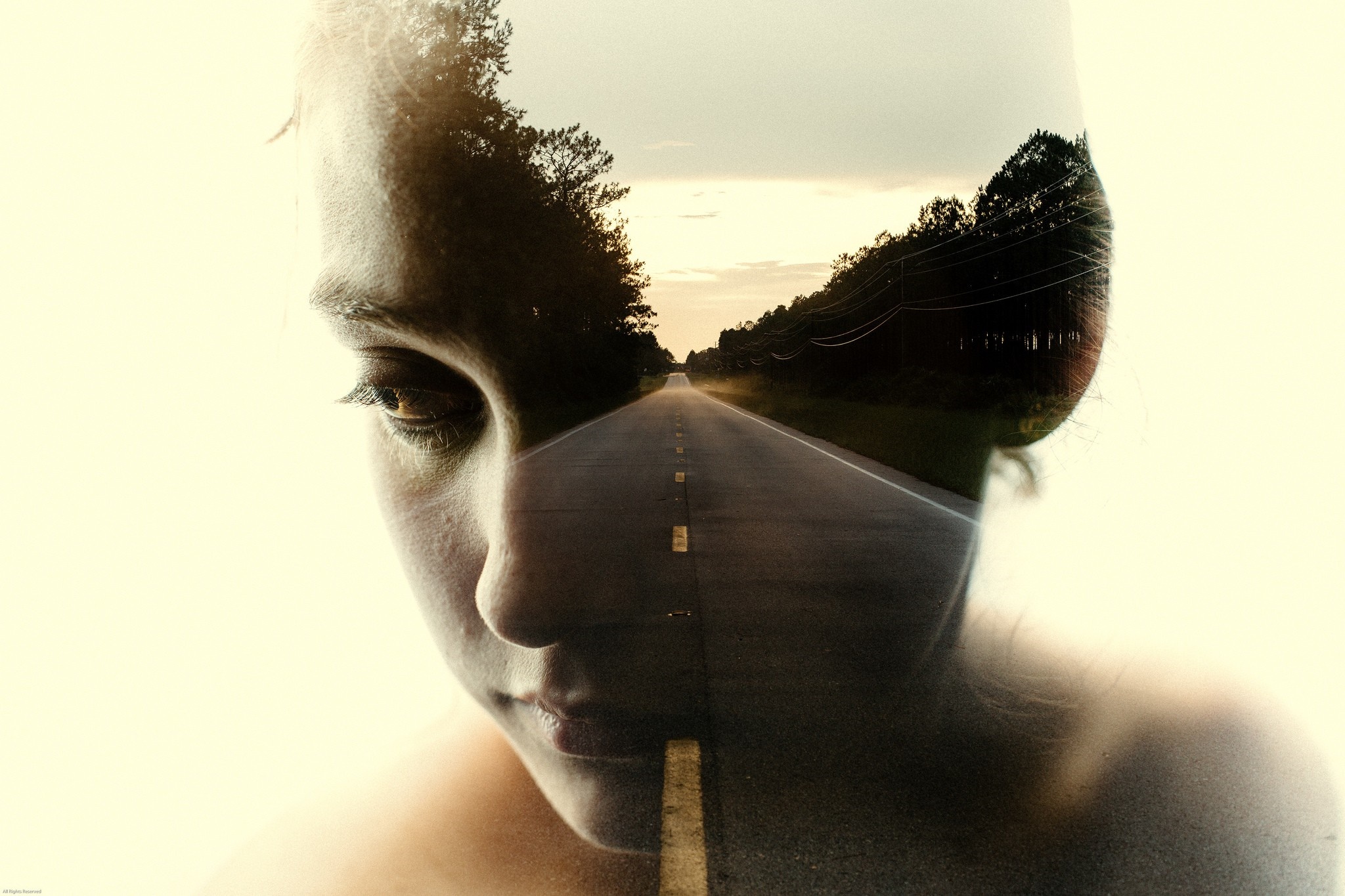 Double exposure of a woman's face and a road HD Wallpaper