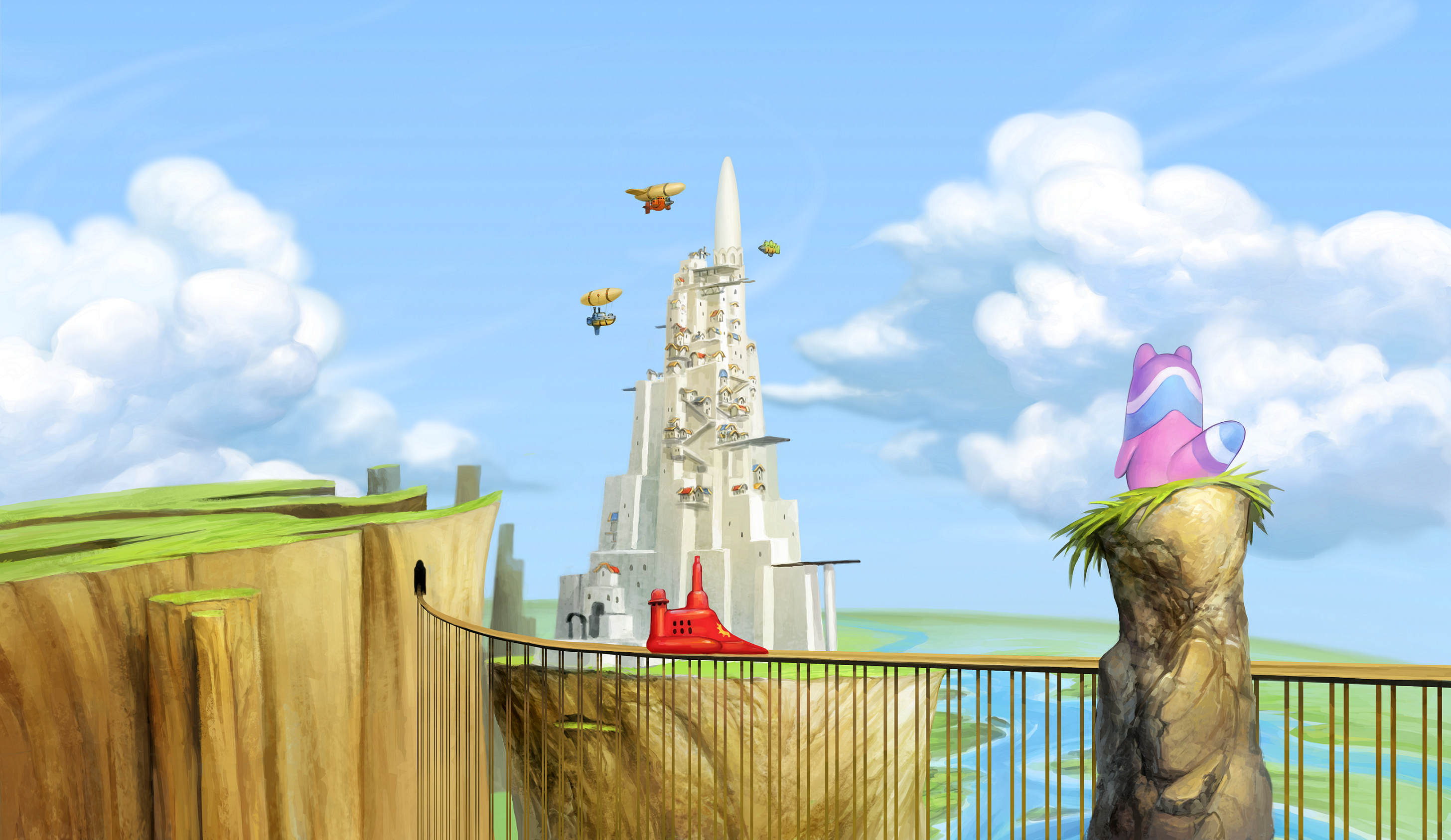 Fantasy landscape with a tall tower and airships HD Wallpaper