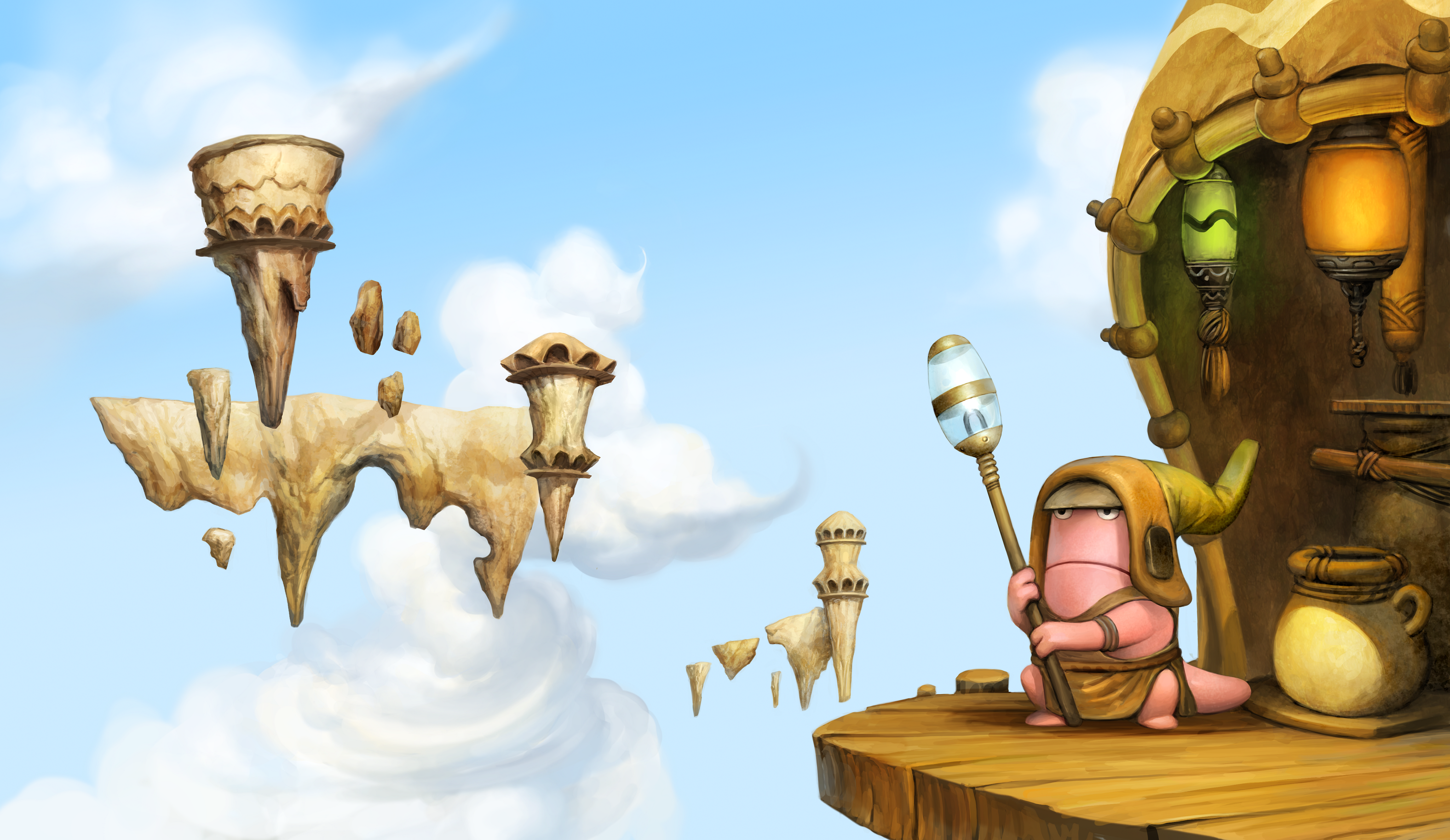 Fantasy illustration of a creature on a floating island HD Wallpaper