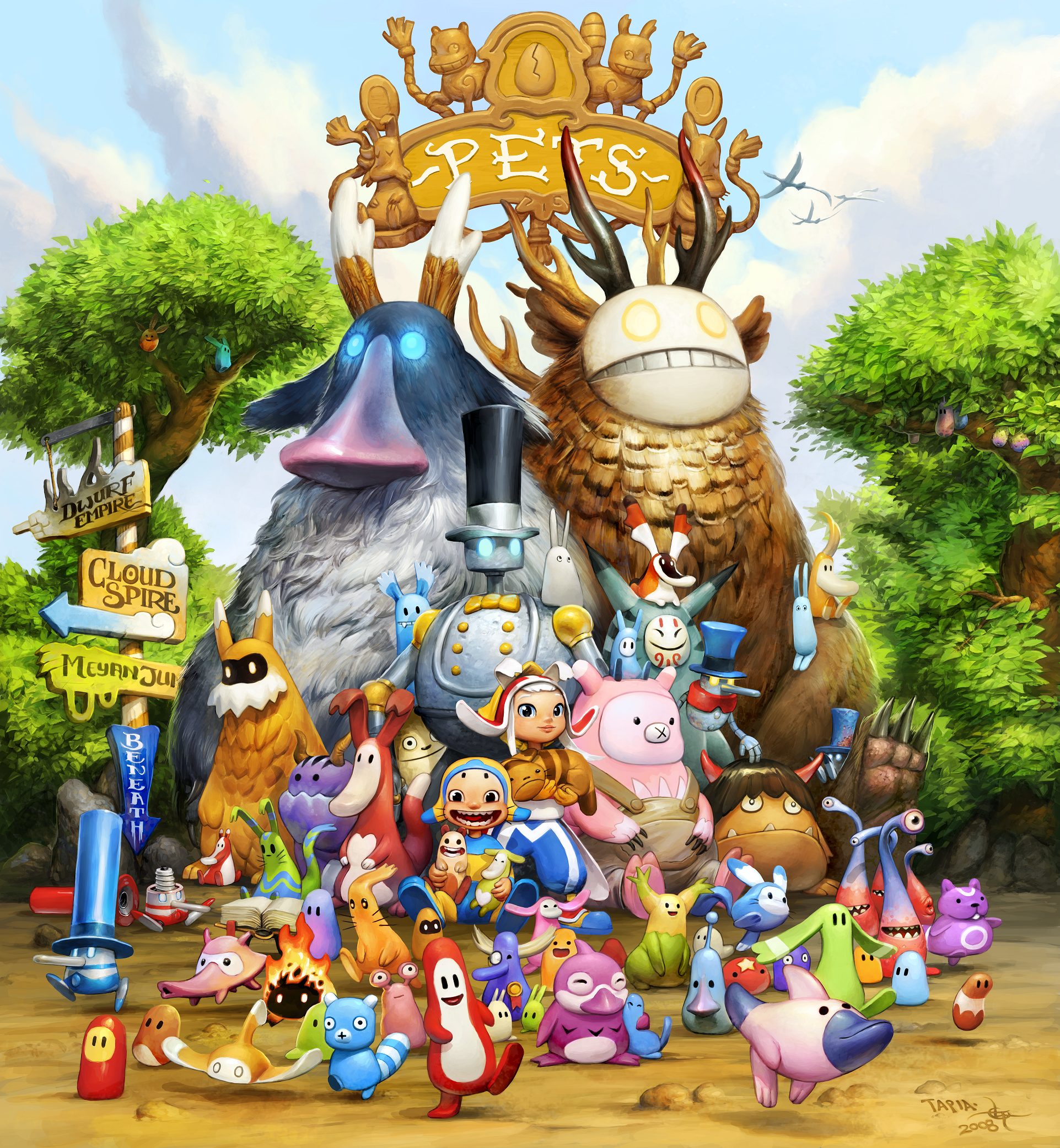 Fantasy creatures and characters in a park setting HD Wallpaper