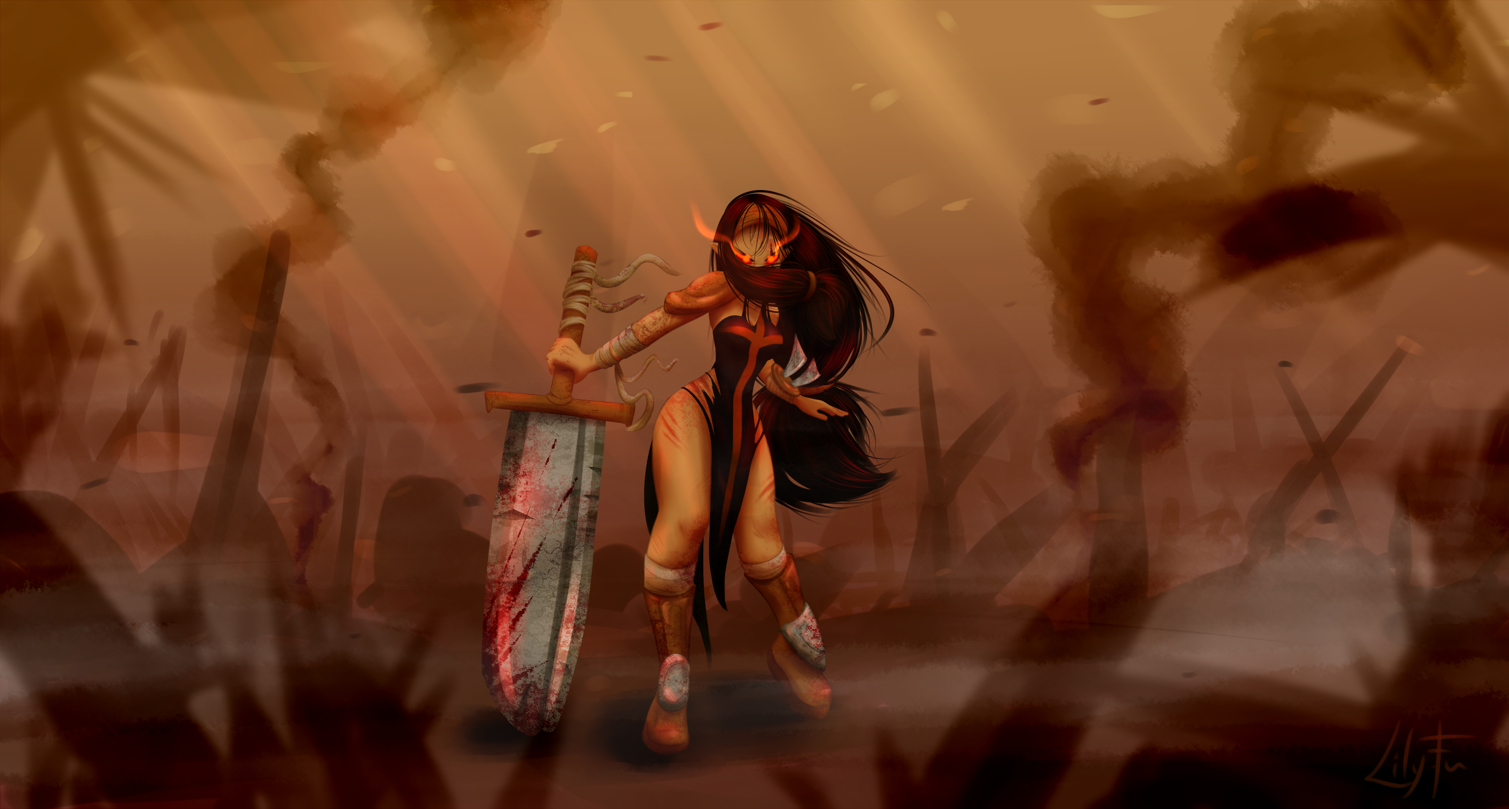 Fantasy warrior with a bloody sword in a smoky battlefield HD Wallpaper