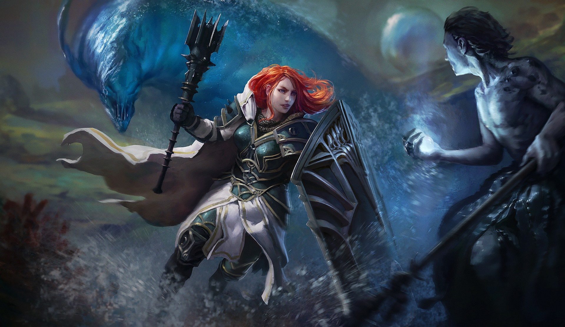 Fantasy warrior with shield and mace fighting water creature HD Wallpaper
