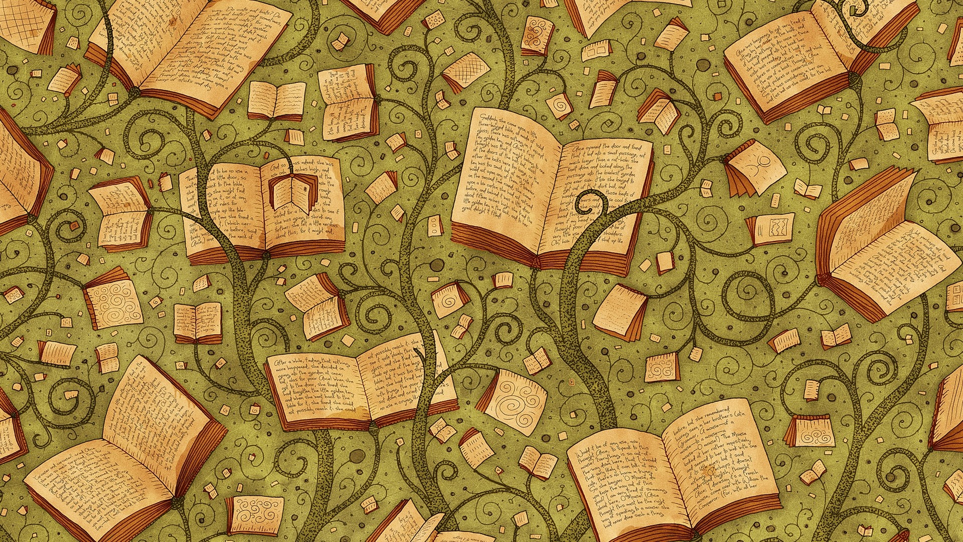 Pattern of open books on green vines HD Wallpaper