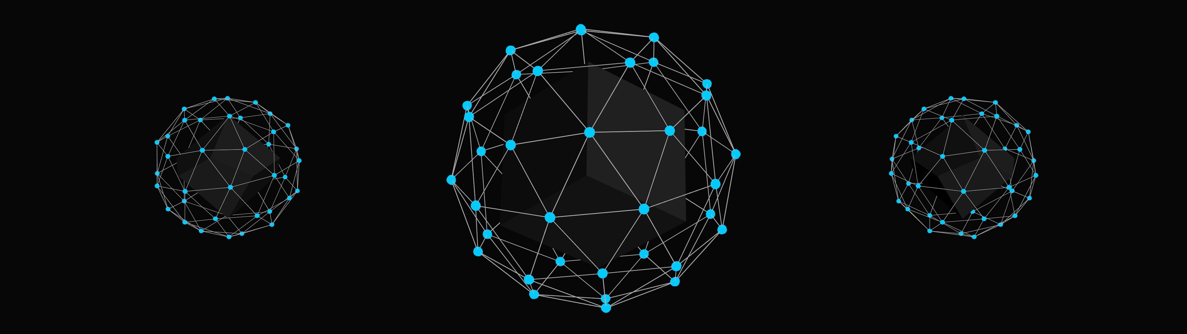 Three geometric spheres with connected nodes on black background HD Wallpaper