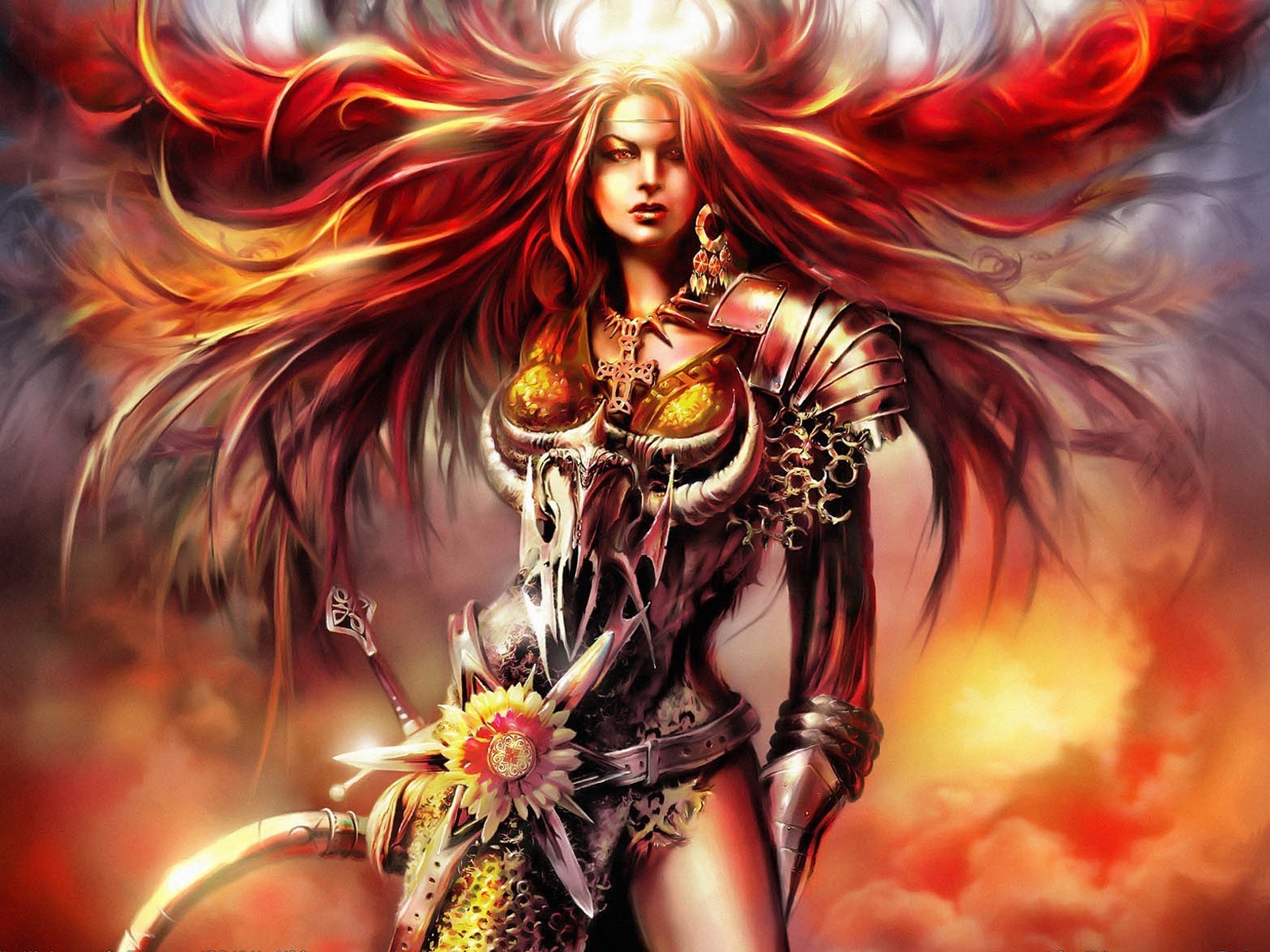 Fantasy woman warrior with fiery hair and ornate armor HD Wallpaper