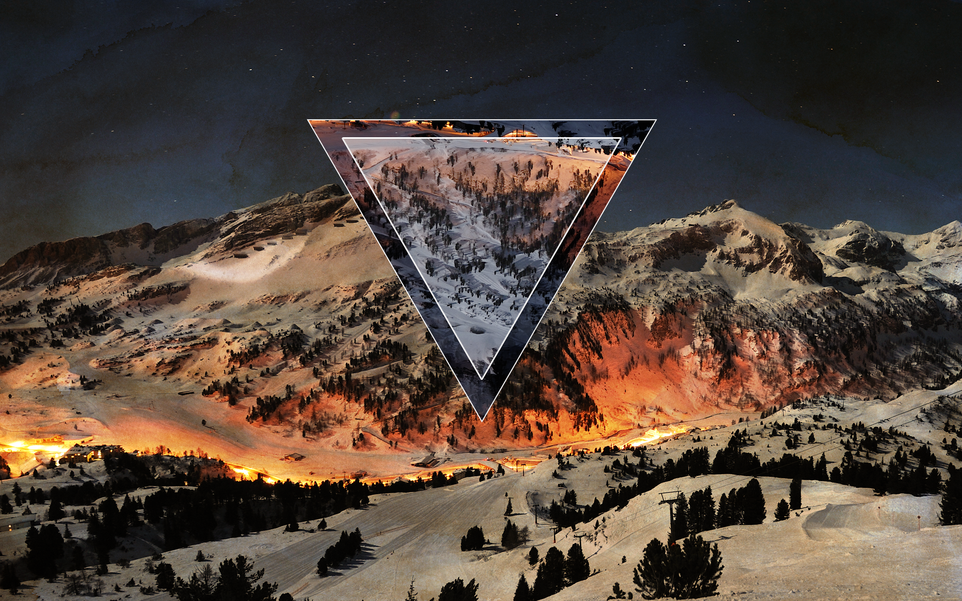 Snowy mountains at night with a geometric overlay HD Wallpaper