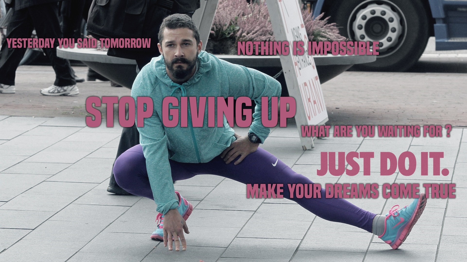 Shia LaBeouf stretching with motivational text overlay HD Wallpaper