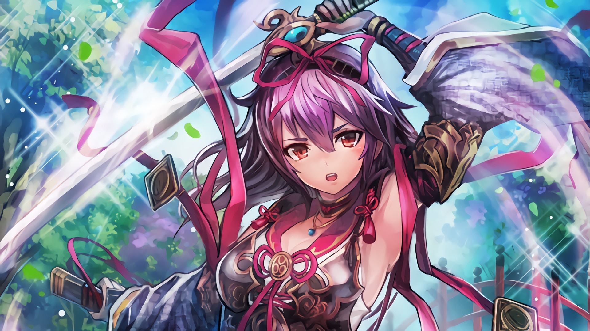 Anime girl with swords and ribbons HD Wallpaper