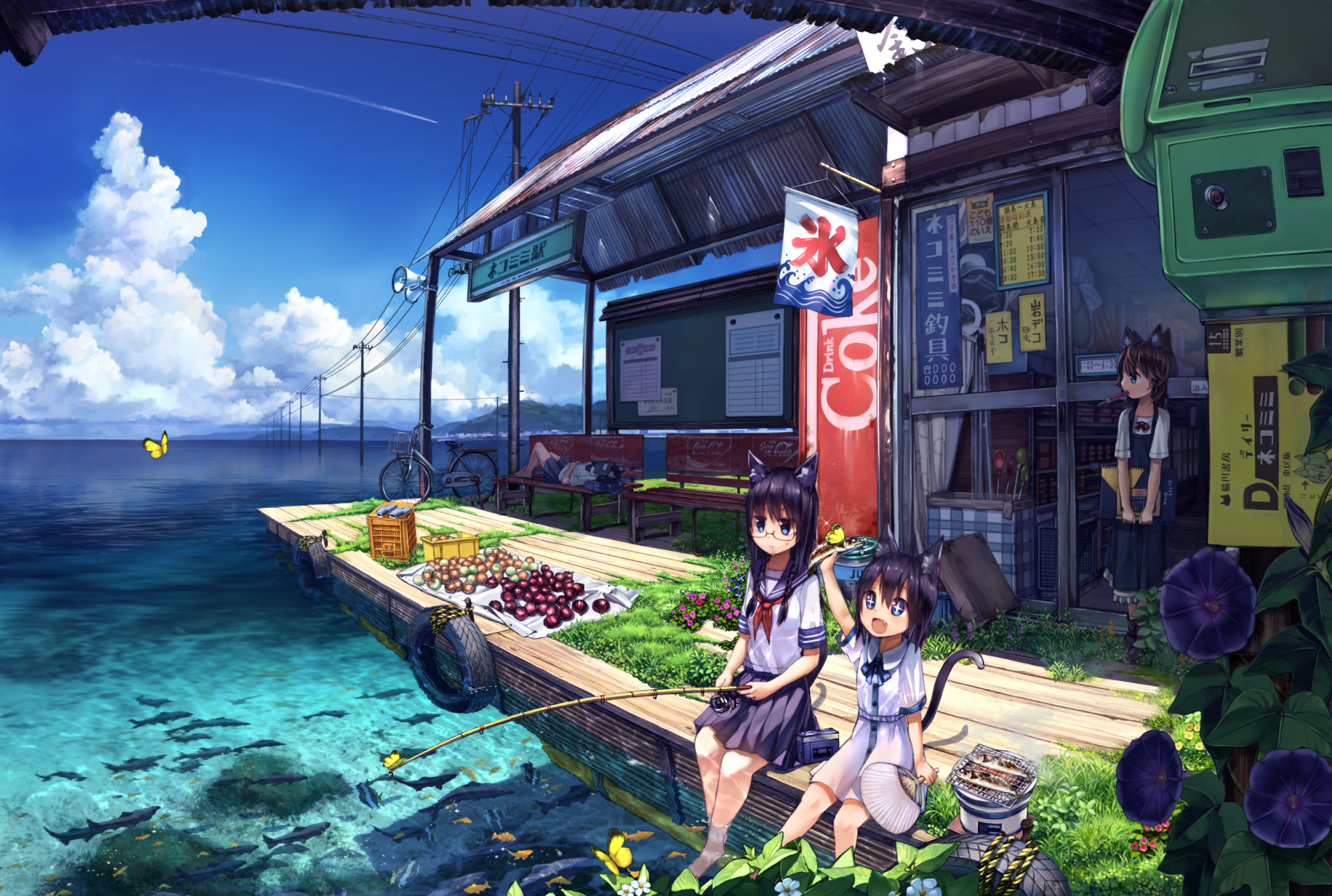 Anime girls with cat ears fishing at a seaside shop HD Wallpaper